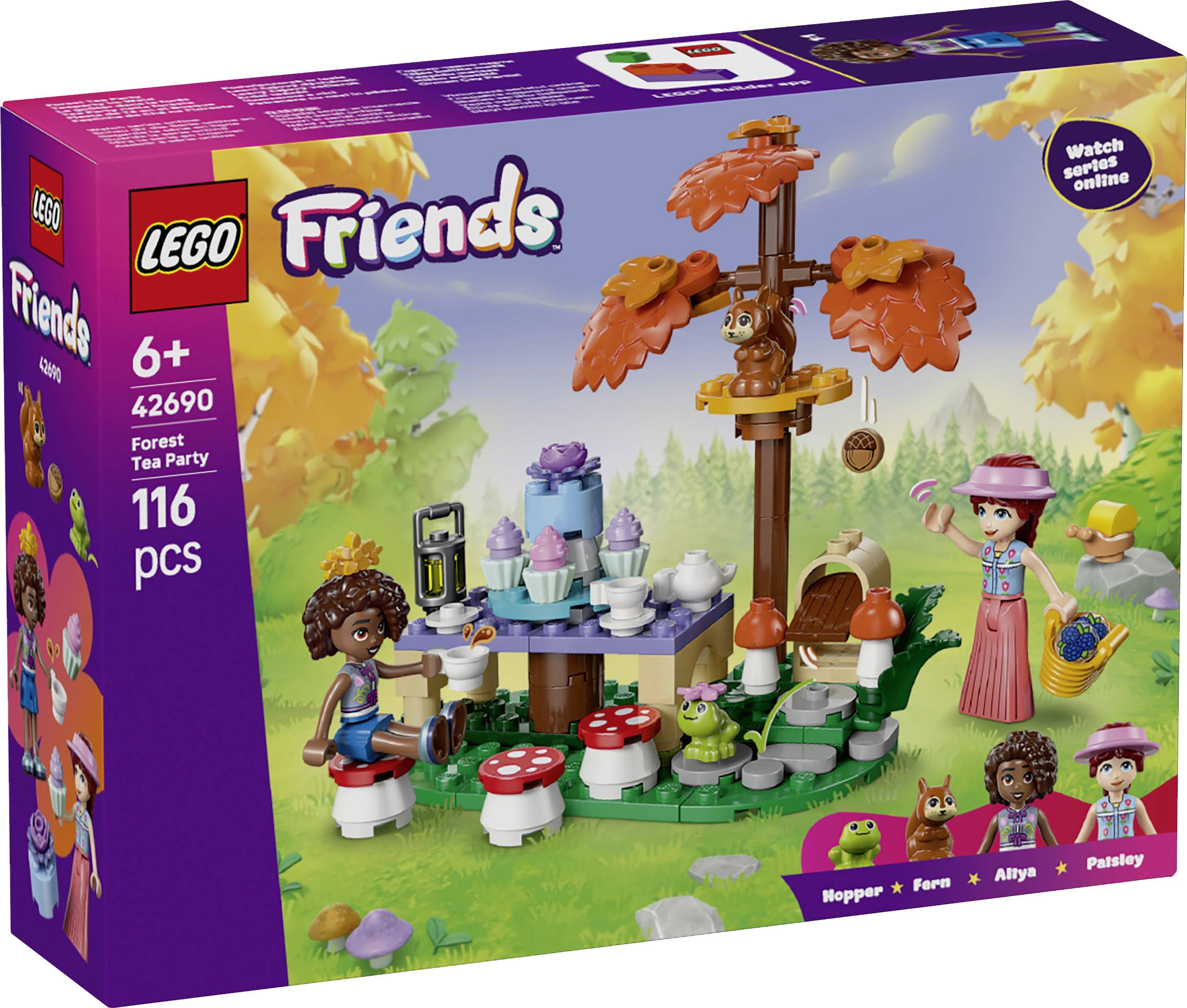 Sada LEGO Friends Lesní čajový den se zobrazením stromu, stolku na čaj, minipanenek a zvířat; označeno 6+, 42690, 116 dílů.