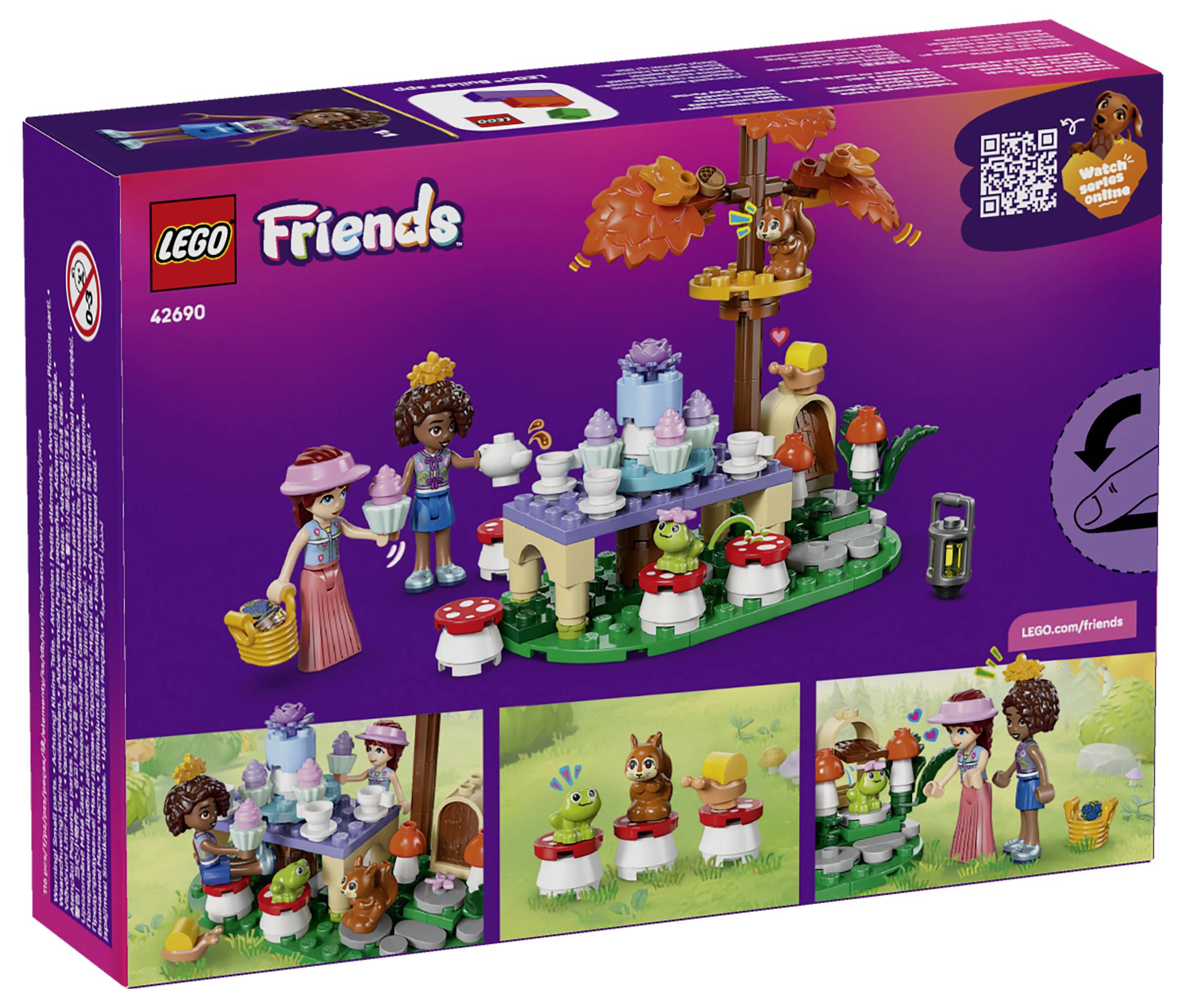 Krabice sady LEGO Friends zobrazující soupravou čajového dopoledne v houbinovém stylu se třemi minipánenkami, veverkou, žábami a lesními doplňky.