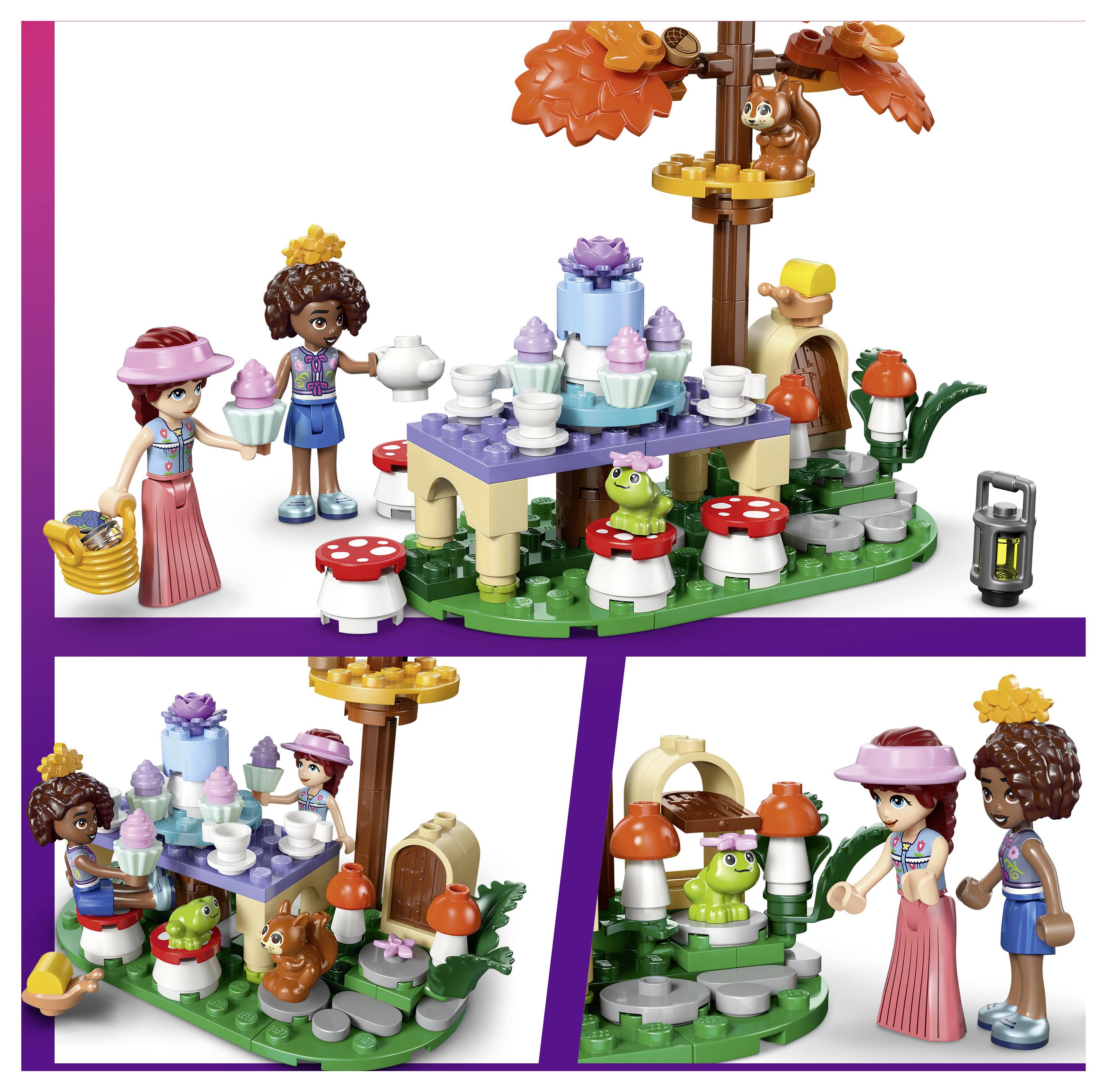 Stavebnice zahradního piknikového stolu v LEGO stylu se čtyřmi figurkami kolem stolu, houbami, žábami, stromem a příslušenstvím zobrazená ze tří pohledů.