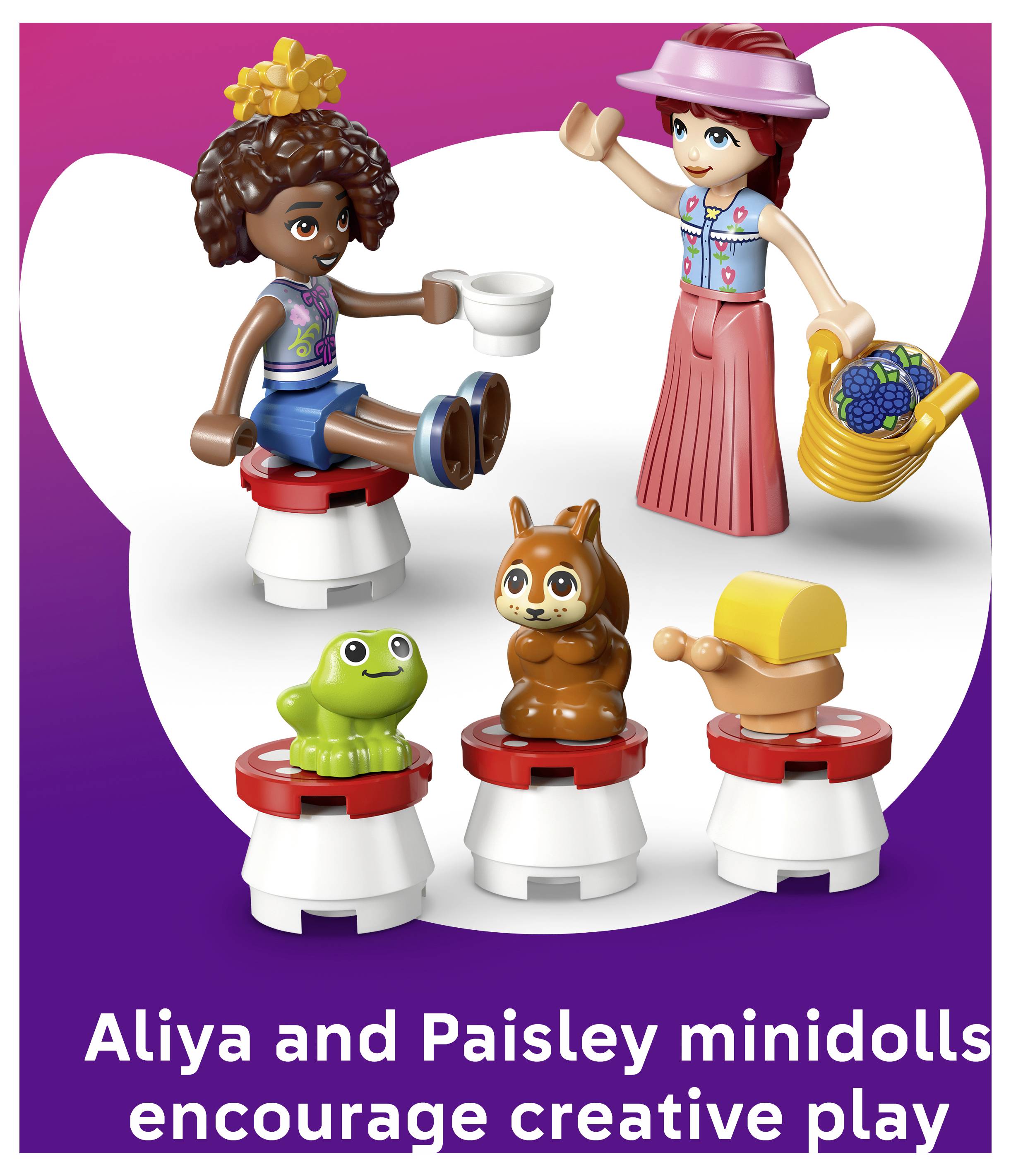 Dvě panenky a tři figurky zvířat na stoličkách, které podporují tvořivou hru s popiskem "Minipaneky Aliya a Paisley podporují tvořivou hru".