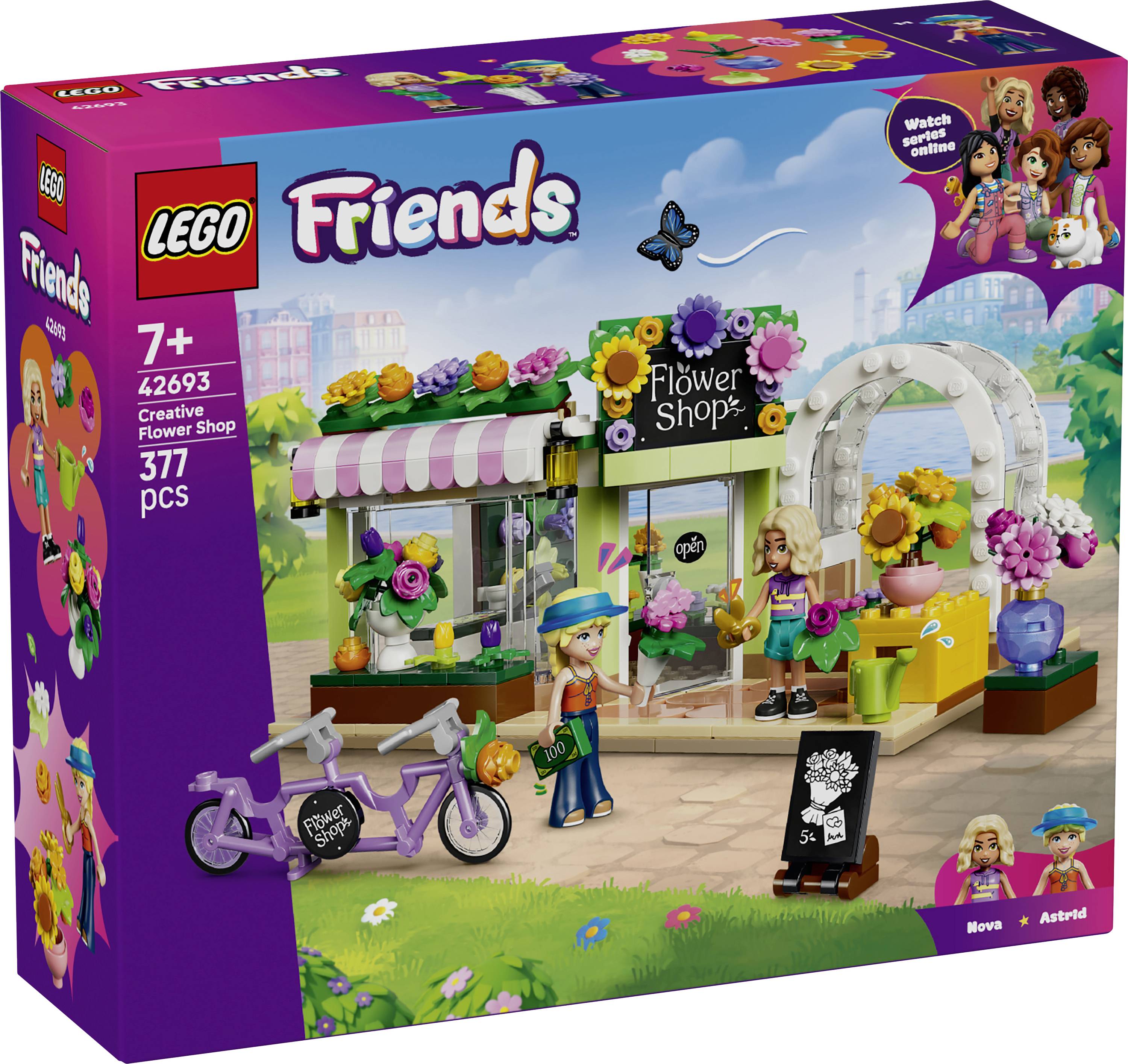 Stavebnice LEGO Friends Kreativní květinářství v krabici, zobrazující květinářství, dvě mini-panenky a fialové kolo; 377 dílků, věk 7+.