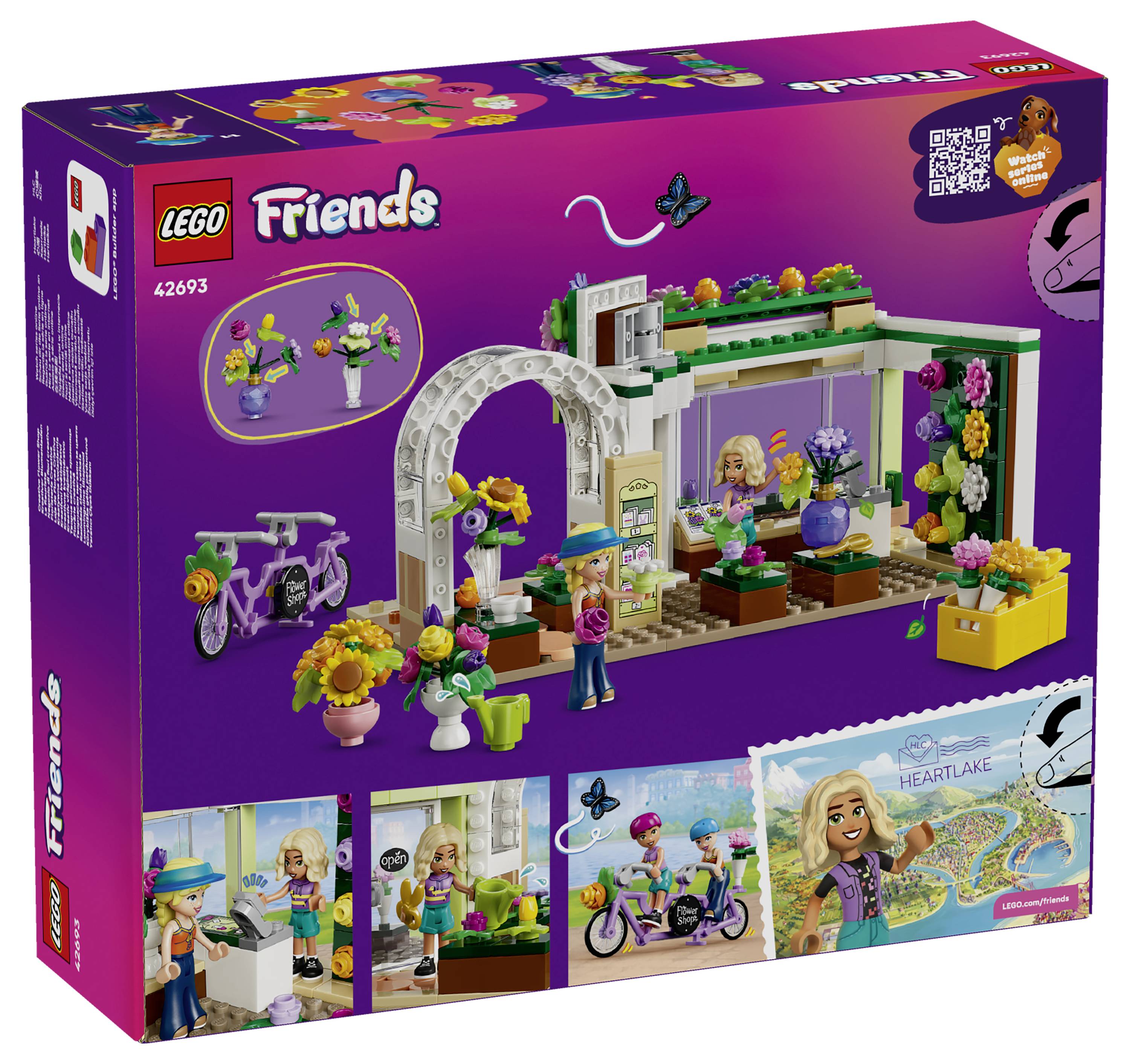 Sada LEGO Friends 42693 zobrazující obchod s květinami/zahradu se dvěma minipásmovými panenkami, jízdním kolem a barevnými květinovými doplňky.