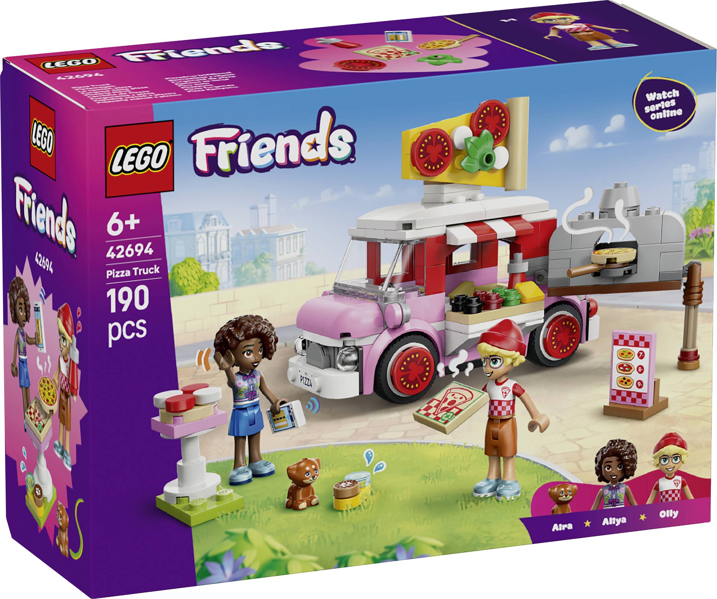 LEGO Friends sada Pizza Truck se zobrazením krabice s růžovým pizzovým vozem s mini figurkami a 190 kusy, označená 42694 pro věk 6+