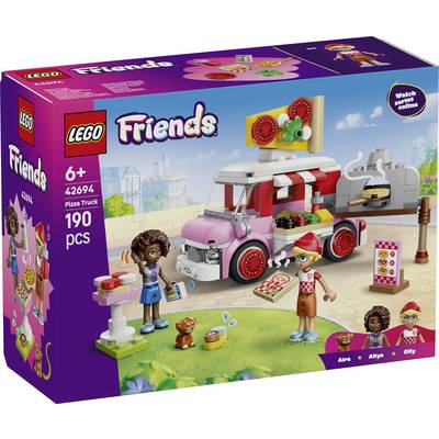 LEGO Friends sada Pizza Truck se zobrazením krabice s růžovým pizzovým vozem s mini figurkami a 190 kusy, označená 42694 pro věk 6+