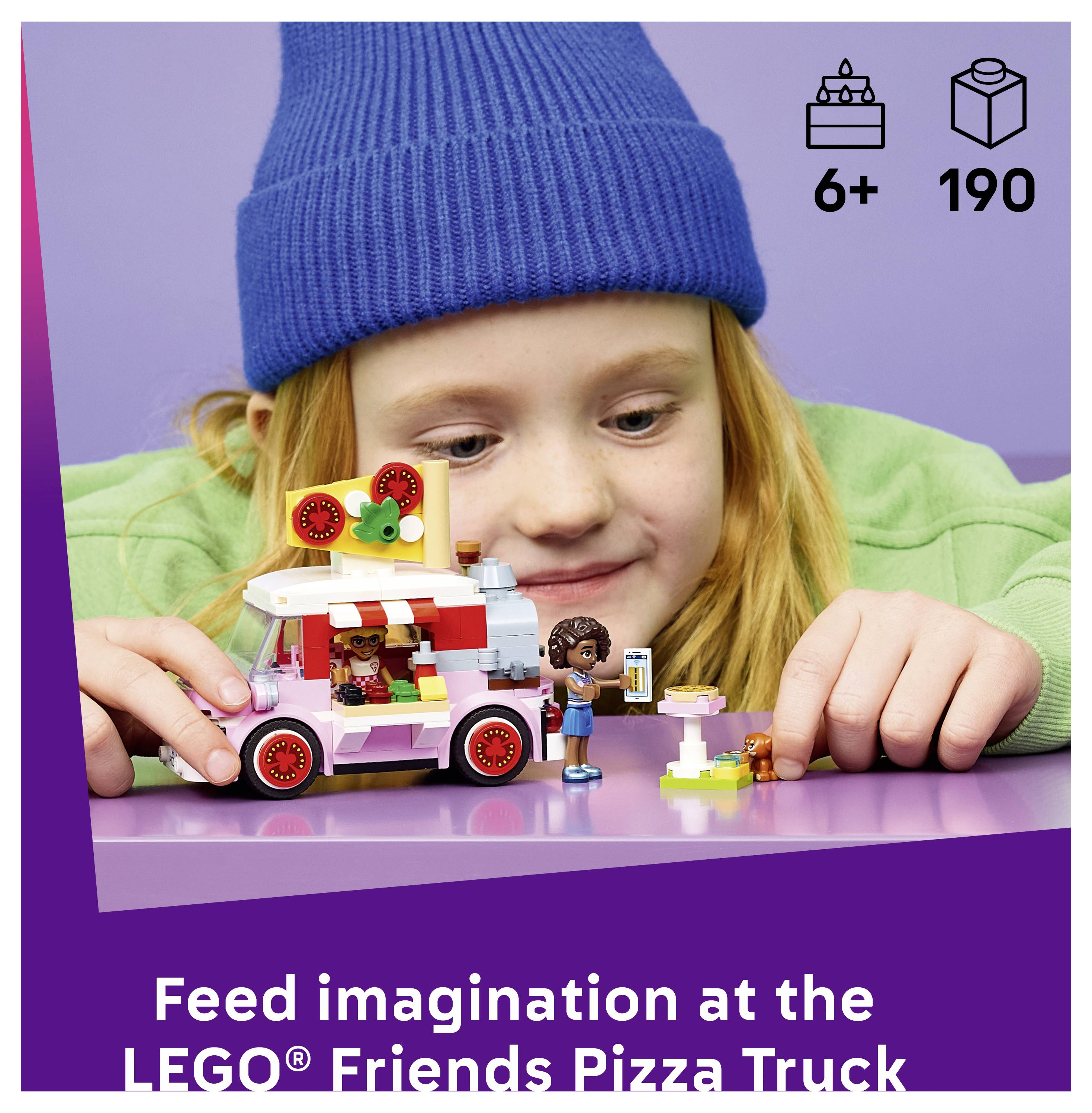 Dítě si hraje se sadou LEGO Friends pizza truck; obrázek ukazuje '6+' a '190' kusů, s titulkem 'Živte představivost s LEGO Friends Pizza Truck'