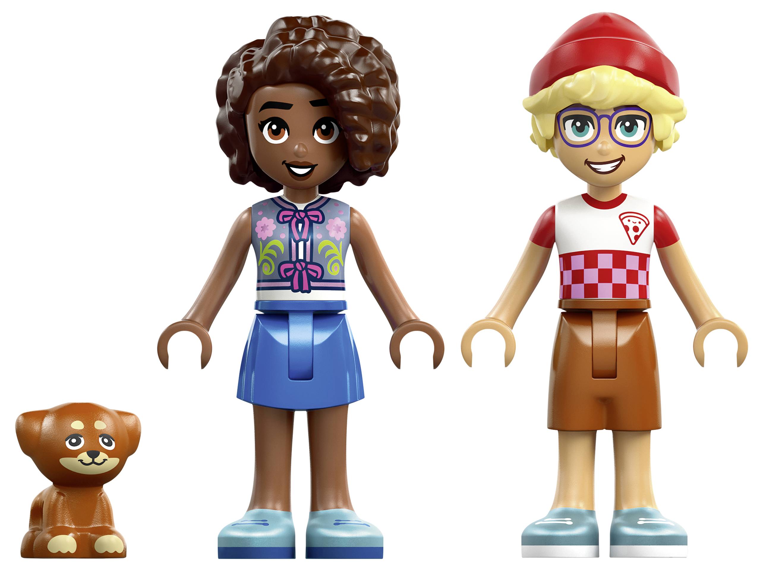 Propagační obrázek tří LEGO stylu mini panáčků s příslušenstvím zmrzliny aわような roztomilé dezertní figurkami na pozadí ve tvaru srdce s popiskem „Mini panáčci Nova, Zac a Liann pro zábavné hraní na hrdinu".