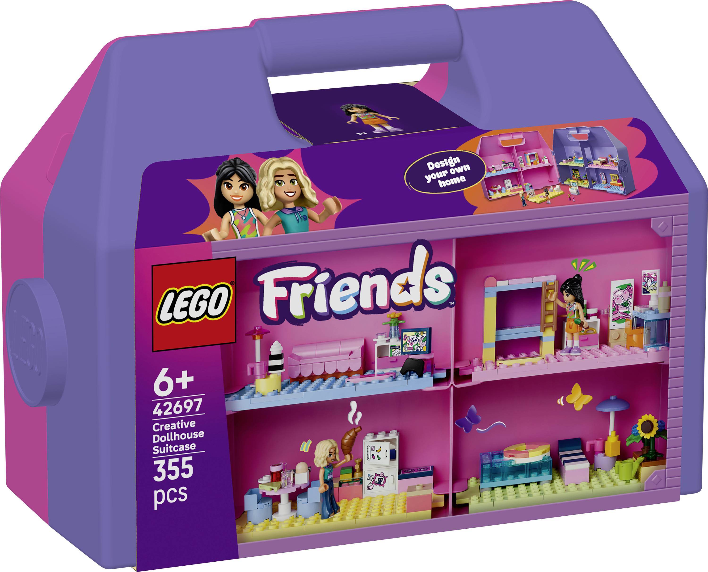 LEGO Friends kreativní domek v kufříku 6+, 355 dílů, zobrazený jako růžový a fialový přenosný kufřík s miniaturními scénami místností na přední straně.