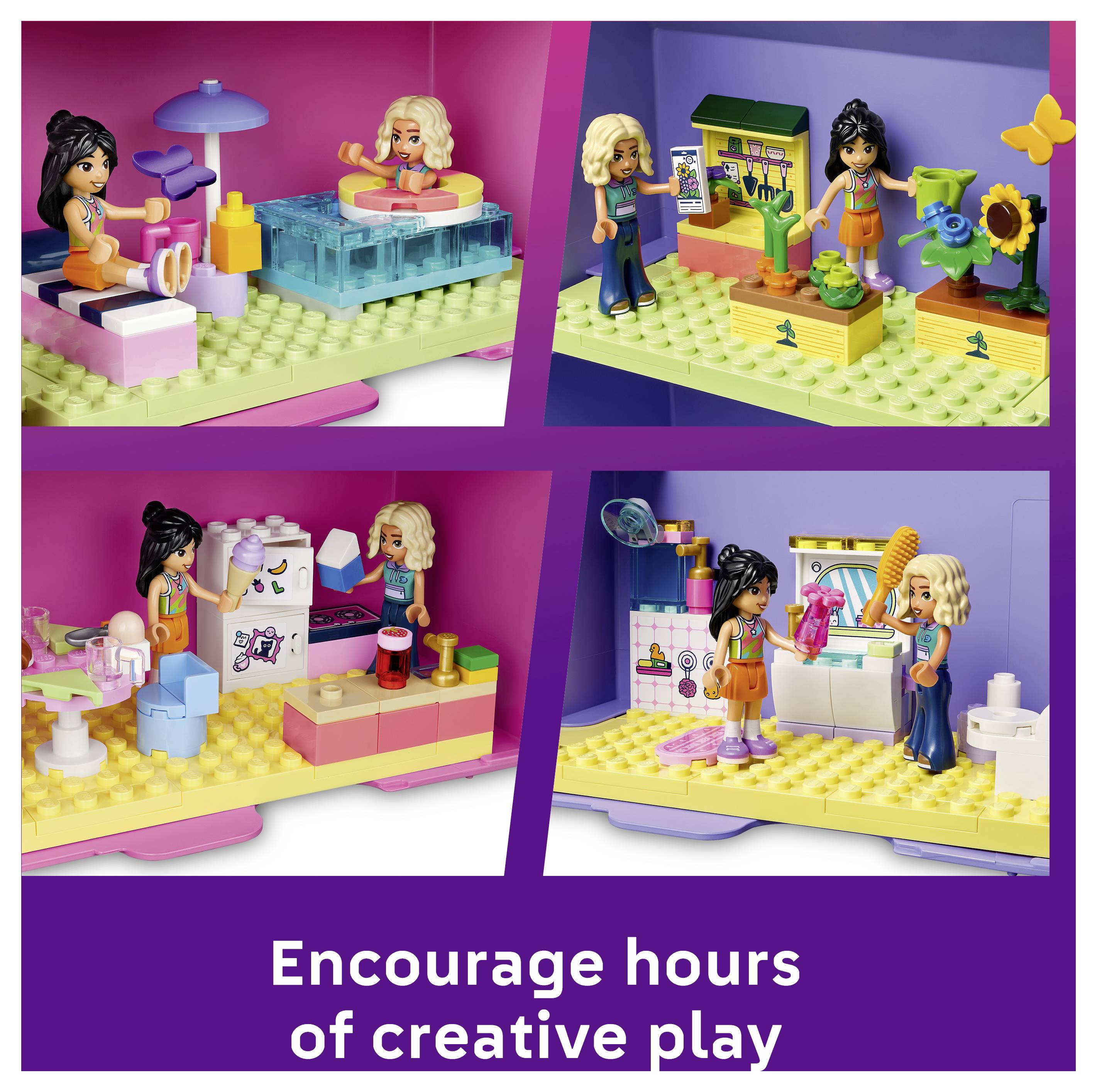 Stavebnice Lego Friends zobrazené ve čtyřech scénách dívek, které si odpočívají, pracují na zahradě, vaří a vyrábějí; popis zní „Podporujte hodiny tvůrčí hry".