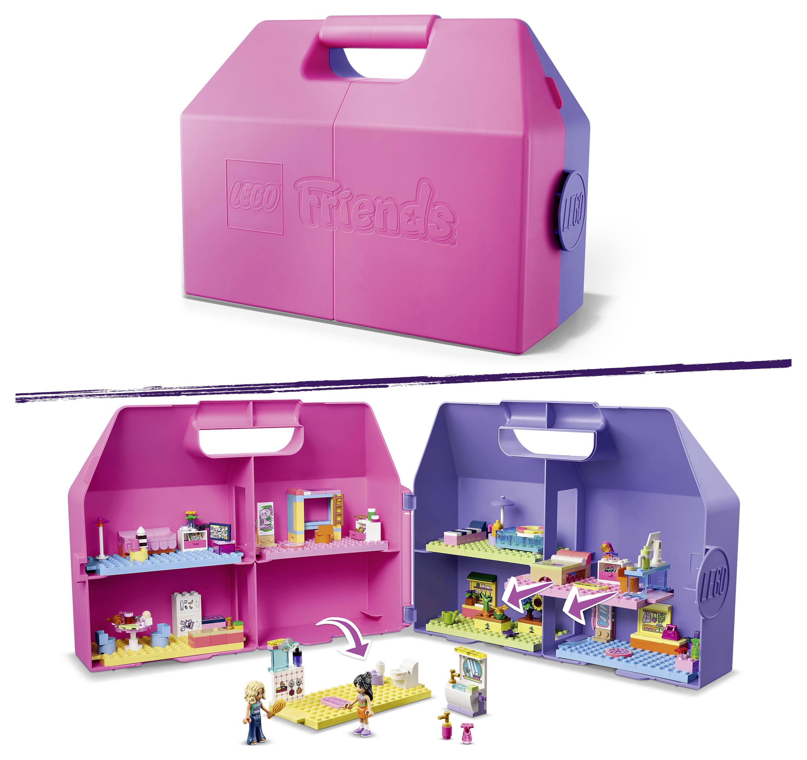 Přenosný kufřík LEGO Friends zobrazený zavřený a otevřený, s růžovými a fialovými oddíly, které skladují a vystavují malé scény na hraní LEGO a minifigurky.