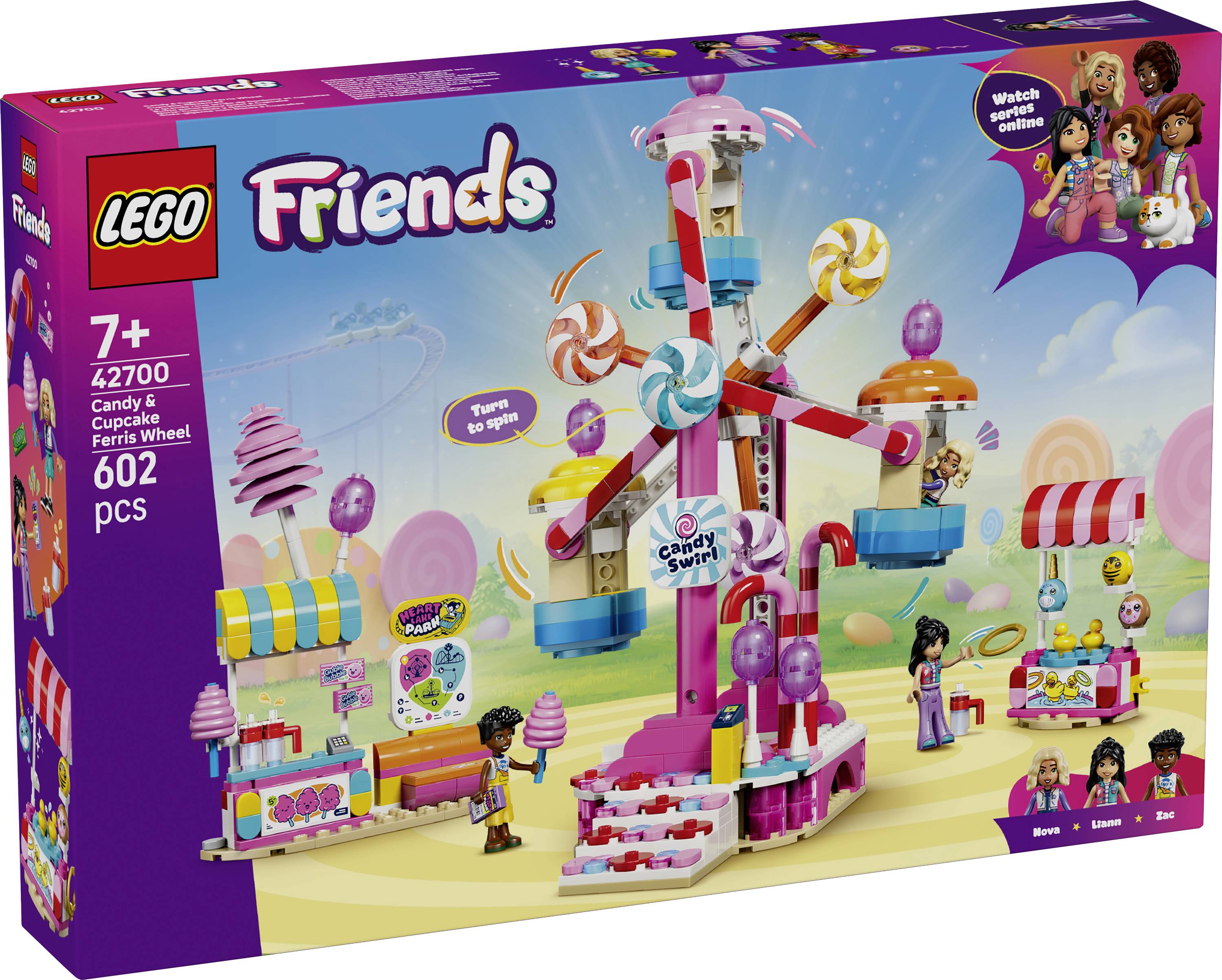LEGO Friends Candyklic Ruské kolo sada ze krabice, věk 7+, 4270 dílků, zobrazuje barevnou karnevalovou scénu s cukrovinkou tematizovaným ruským kolem a minifigurkami.