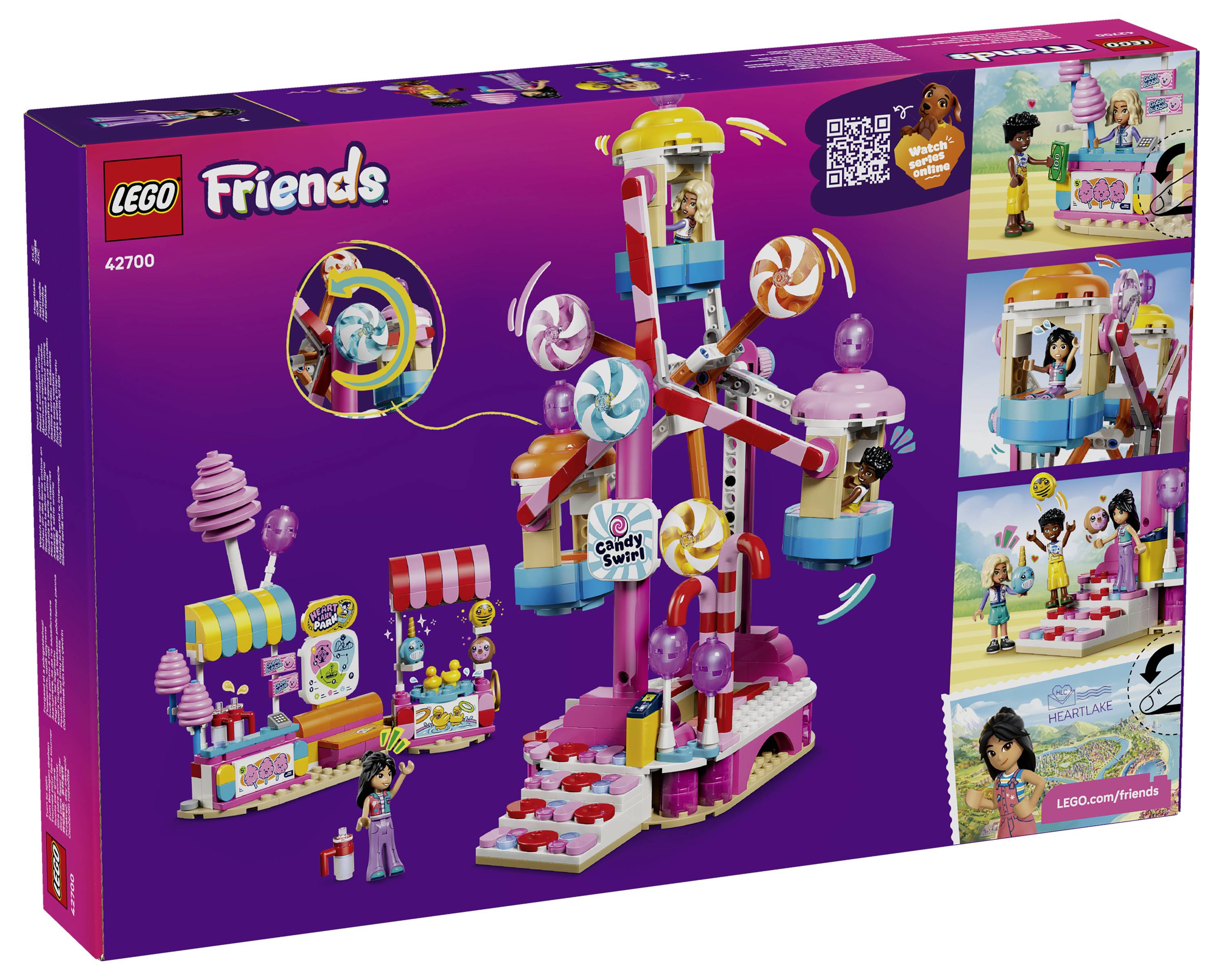 LEGO Friends sada zábavného parku na krabici, ukazující cukrovinkami tématicí točící se atrakci, pokladnu na lístky a minifigurky s vloženými pohledy na stavbu.