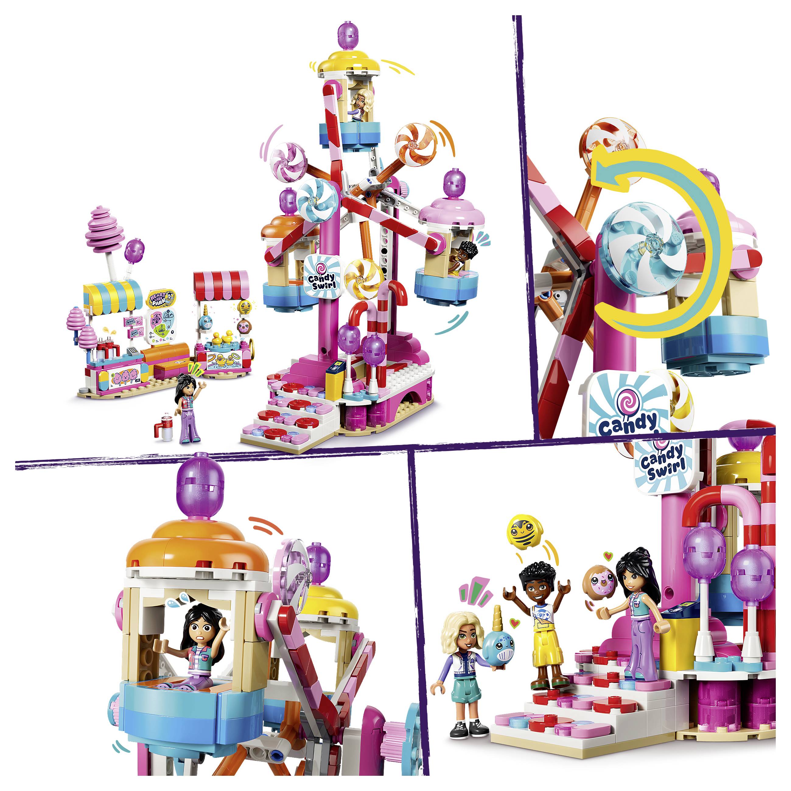 Barevná sada zábavního parku Candy Swing s kolotočem, stánky s motivem cukrovinek a mini panenkami na jízdách a platformách, zobrazená v několika detailních záběrech.