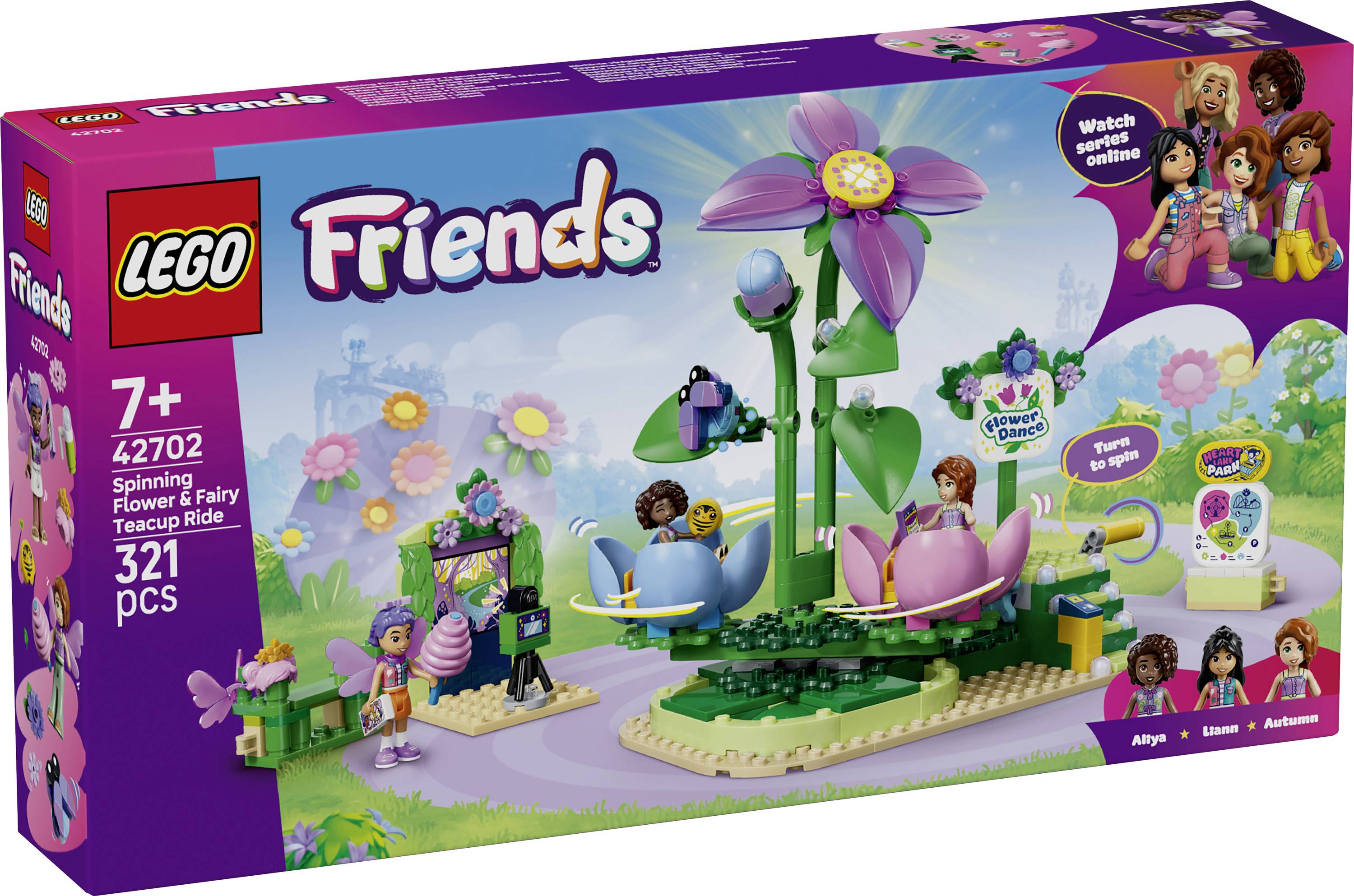 Krabice LEGO Friends "Točící se květina a pohádková čajová jízda" se znázorňuje květinový atrakční park s mini figurkami a 321 kusy pro věk 7+.