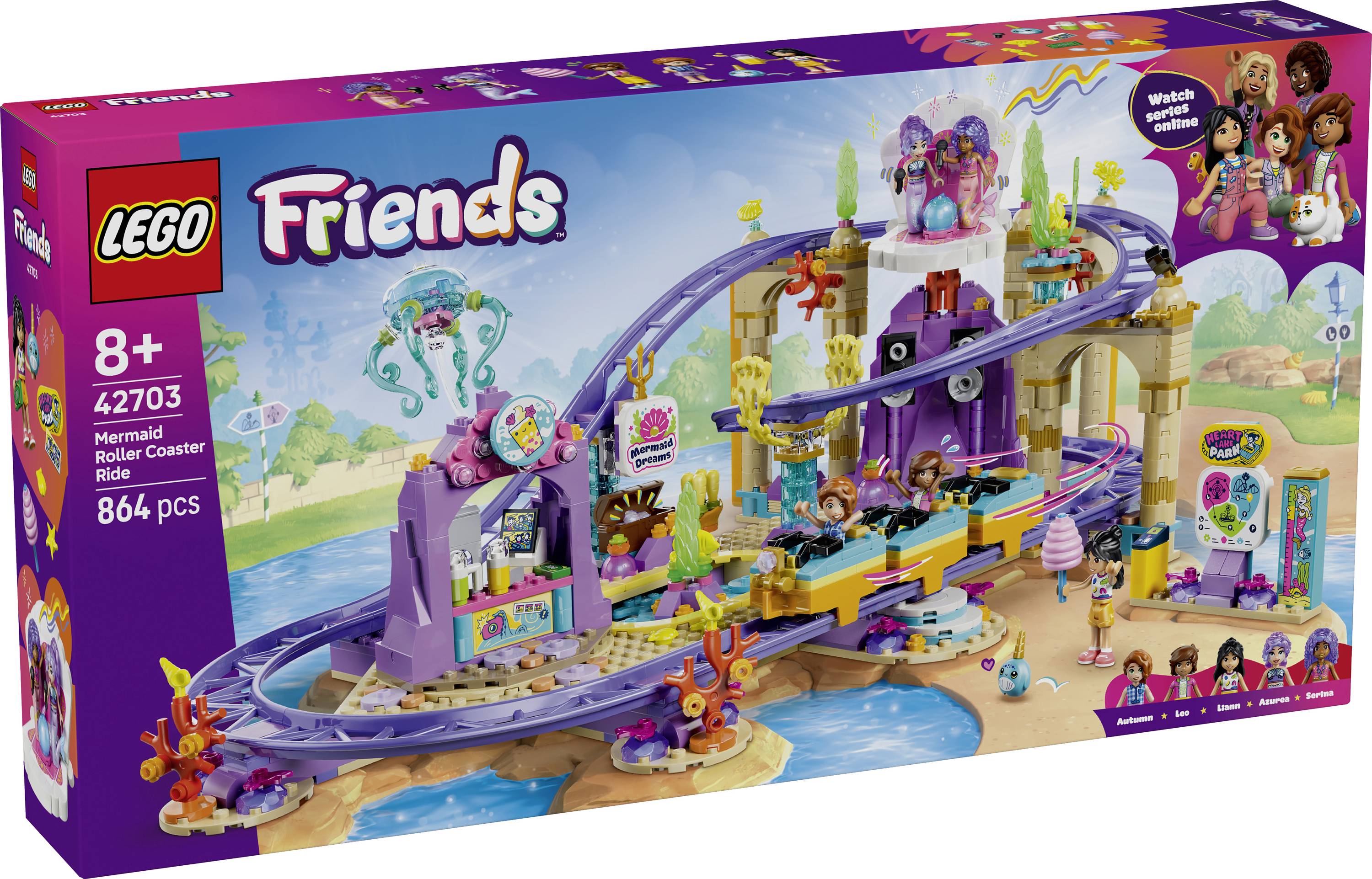 Krabice sady LEGO Friends Mermaid Cove, zobrazující fialovou horskou dráhu s podmořskou tematikou, štítek věku 8+, sada 41703, 864 dílků.