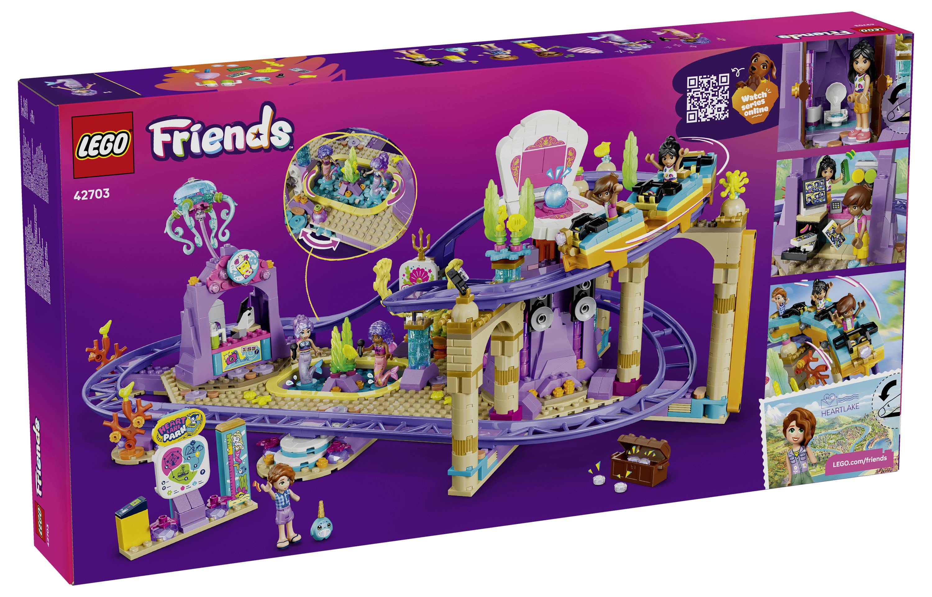 LEGO Friends sada zábavního parku na krabici zobrazující barevnou horskou dráhu a scény z jarmarku s včetně minipanenkami a příslušenstvím.