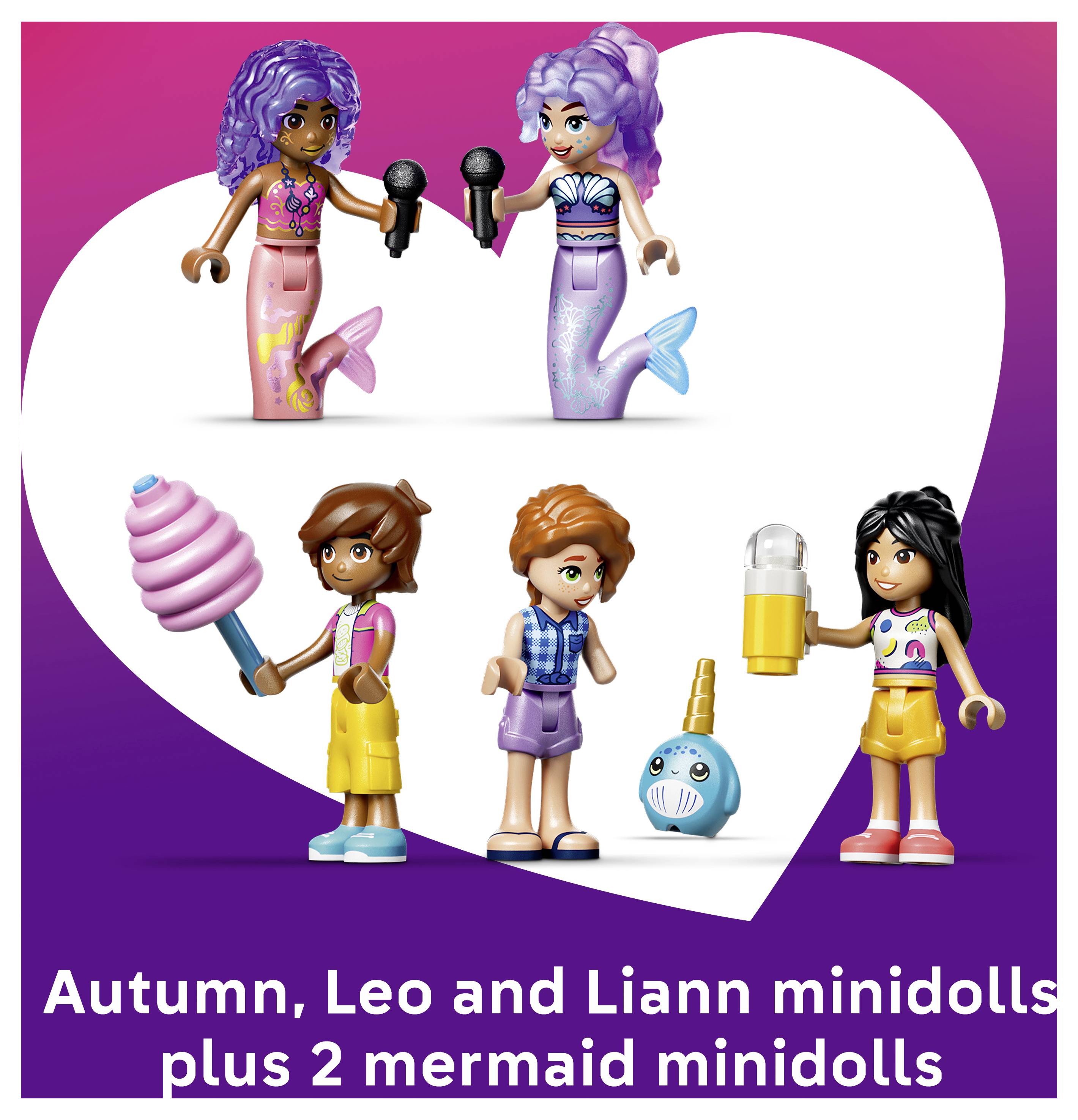 Obrázek soupravy hraček zobrazující čtyři minipáninky a příslušenství s popisem "Minipáninky Autumn, Leo a Liann plus 2 merpáninky" na fialovém pozadí ve tvaru srdce.
