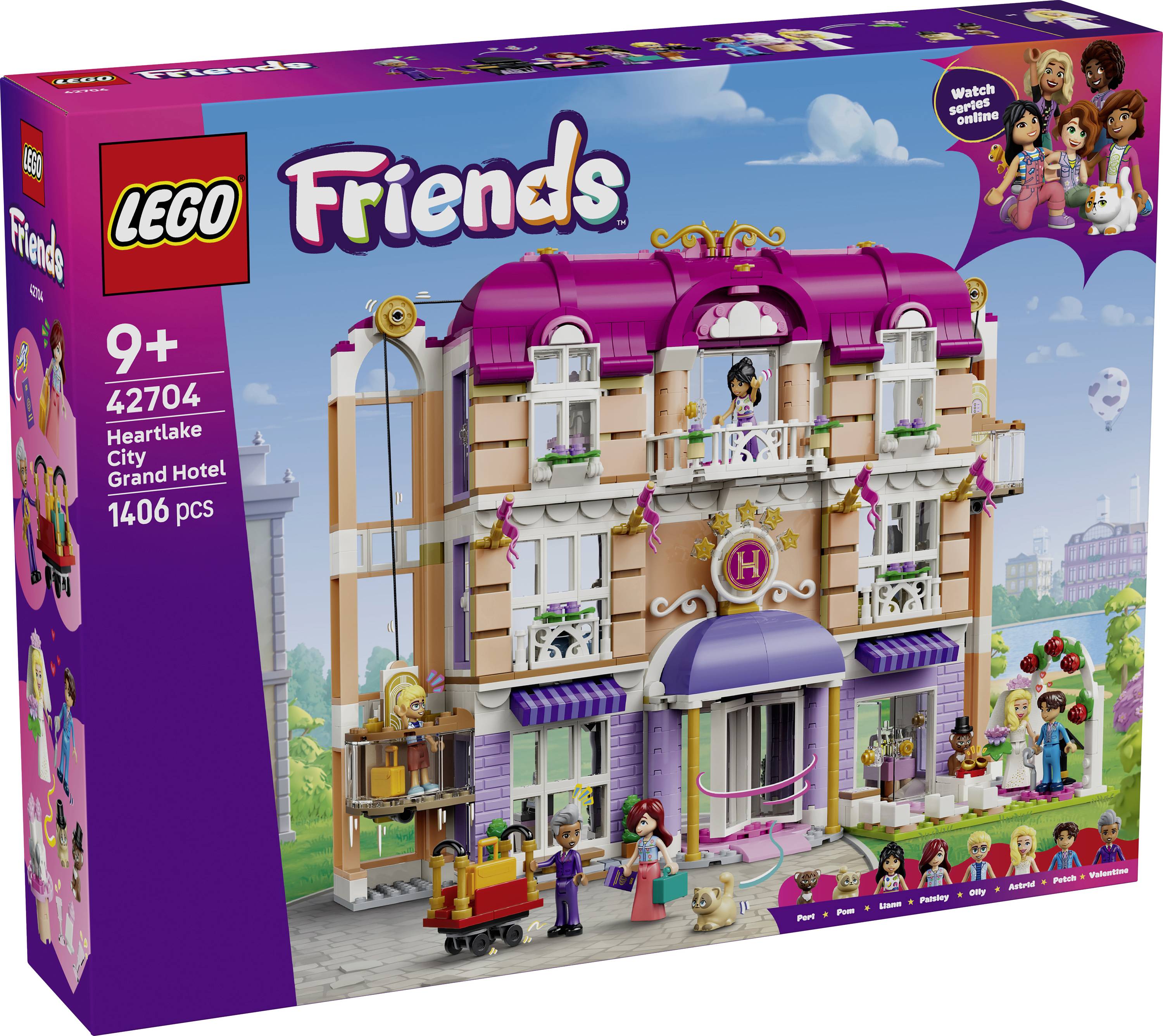LEGO Friends Heartlakské městské hotelové balení s krabicí obsahující barevný třípodlažní hotel, minibábiky a označením věk 9+, sada 42704, 1406 dílků.