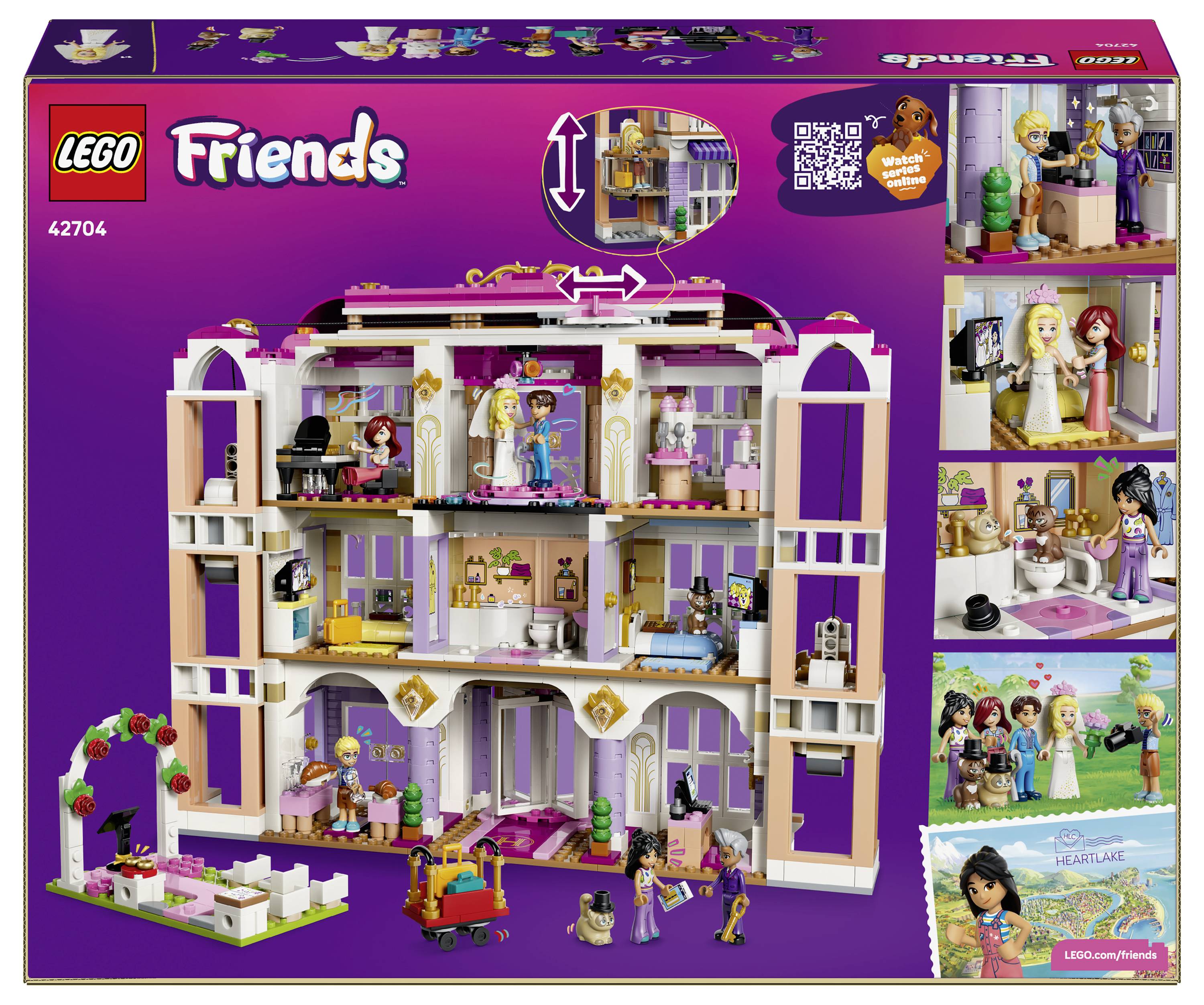 Sada LEGO Friends 42704 s krabicí zobrazující velký třípodlažní domek s několika mini panenkami a menšími vloženými scénami místností a postav.
