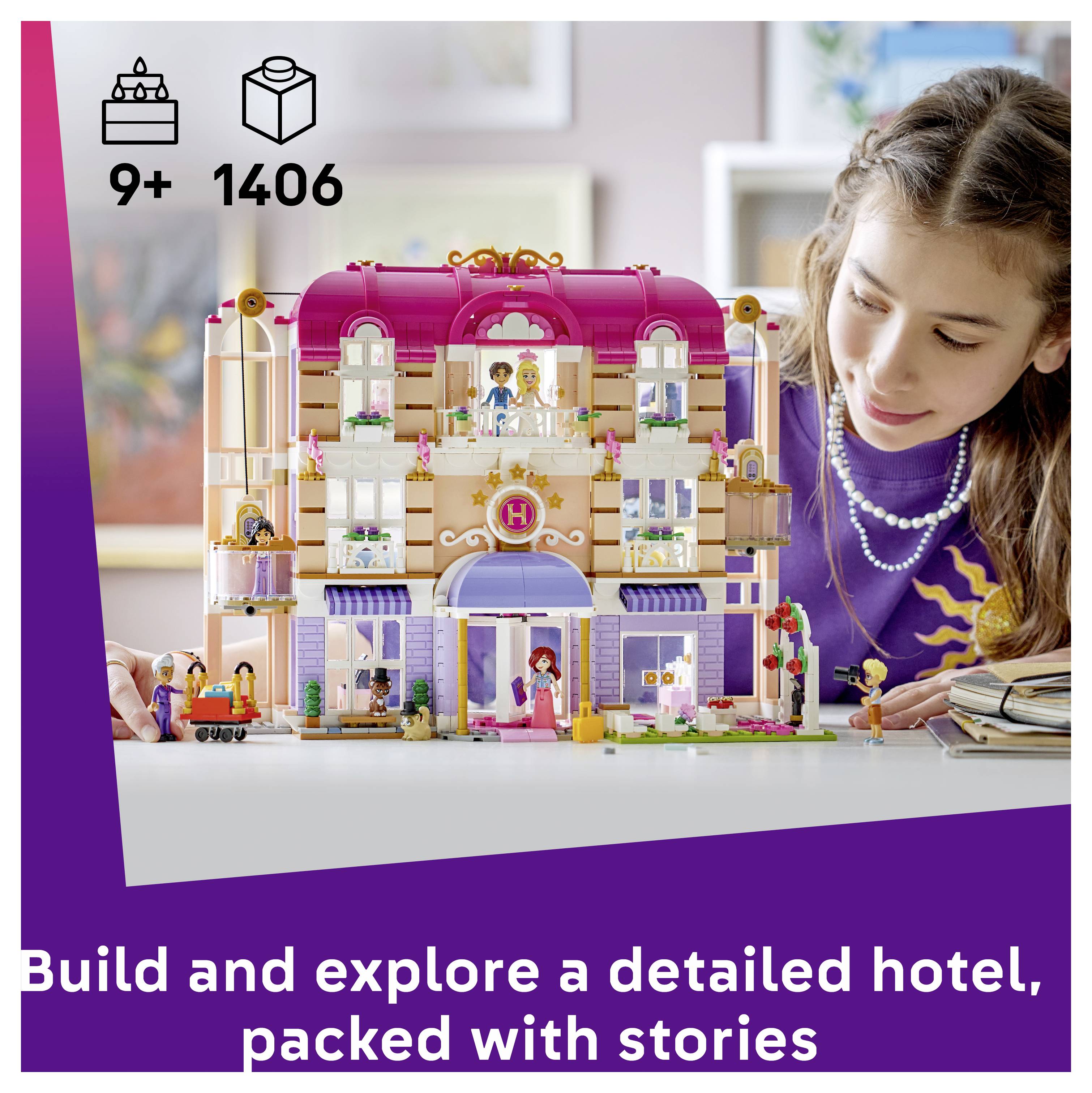 Dívka si hraje s barevnou LEGO sadou hotelu; text říká „Postav a prozkoumej detailní hotel, plný příběhů" a zobrazuje 9+ a 1406 dílků.