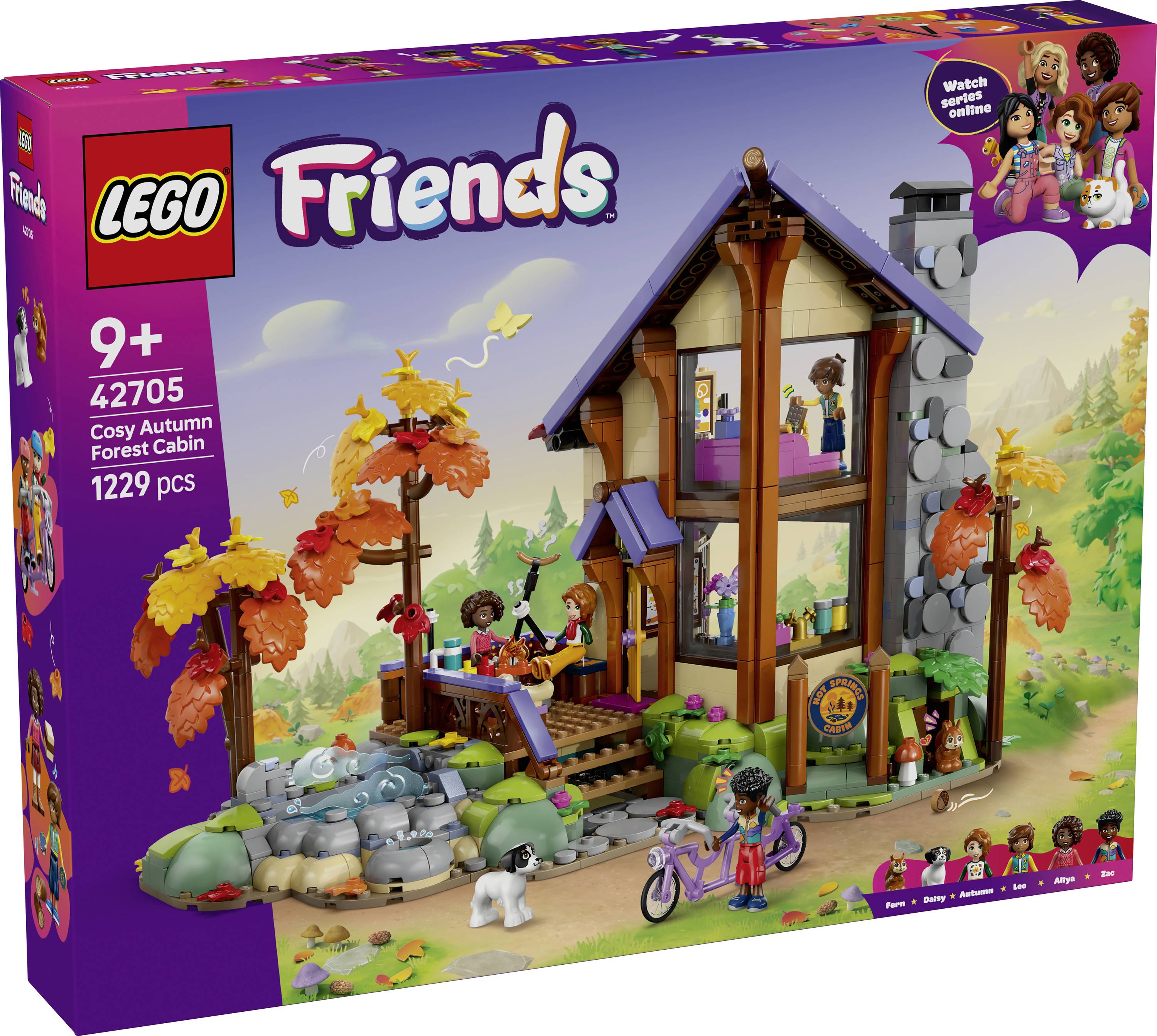 LEGO Friends sada "Útulná podzimní chata" pro věkovou skupinu 9+, 42705, 1229 dílků, zobrazující dvoupodlažní lesní chatu s podzimní scenérií a minidollama.