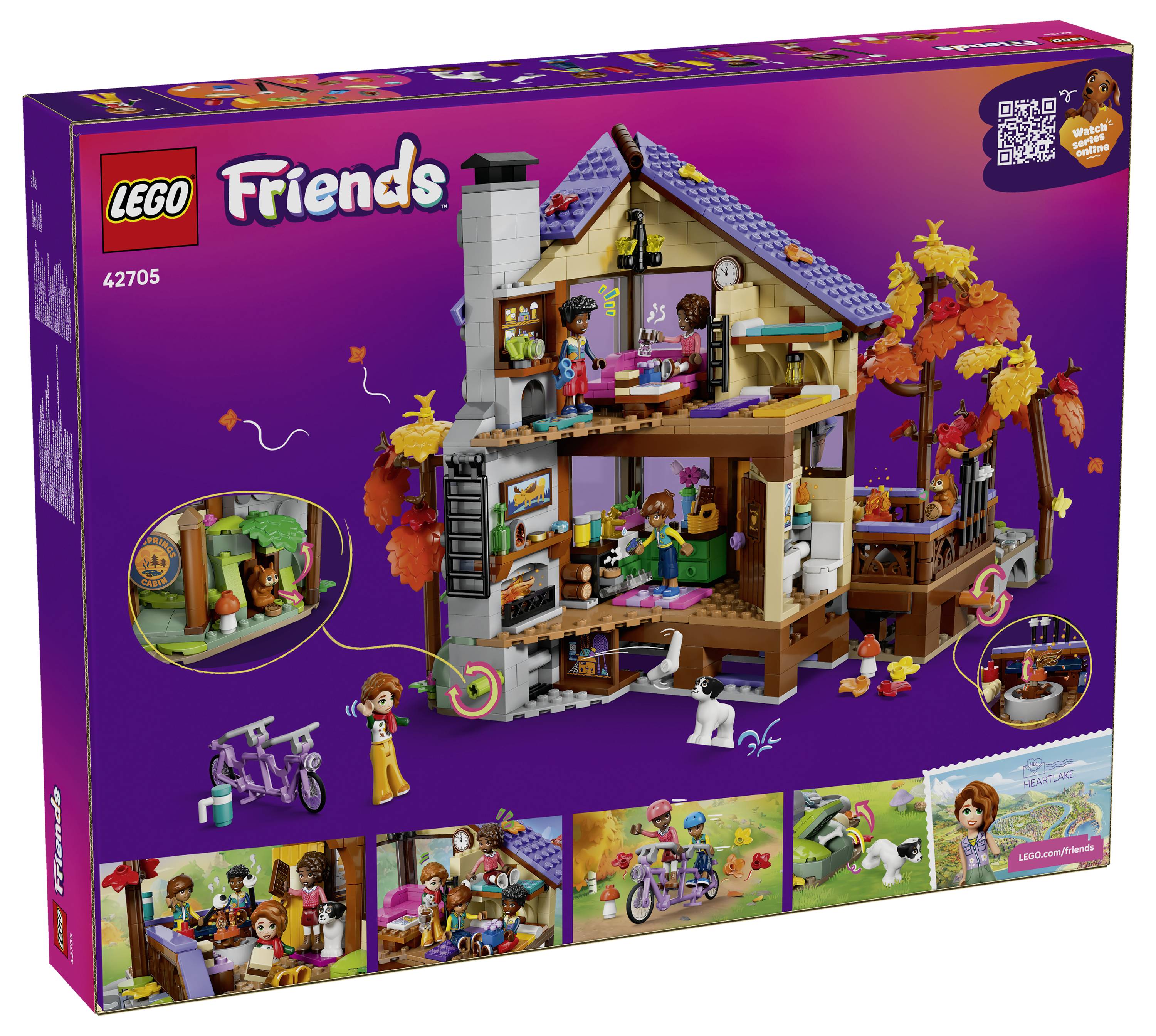 LEGO Friends 42705 krabice hračky zobrazující dvoupodlažní domeček ve stylu panenčina domu s podzimními stromy, minifigurkami, jízdním kolem a doplňky pro domácí mazlíčky.