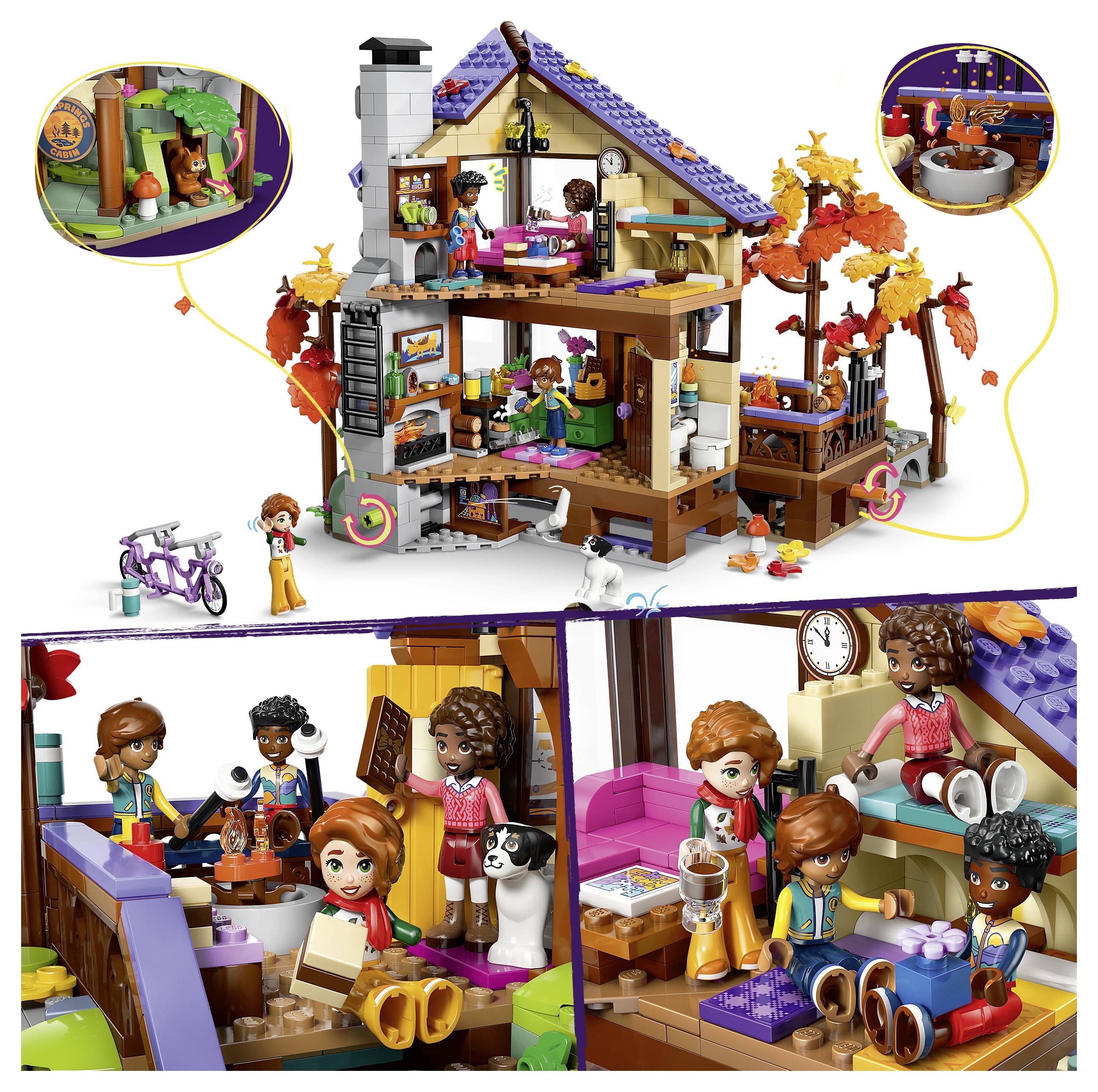 Sada LEGO Friends podzimní domek na stromě s dvoupodlažními místnostmi, skluzavkou, kolem, psem a čtyřmi mini panenkami zobrazená v několika scénách aktivit.