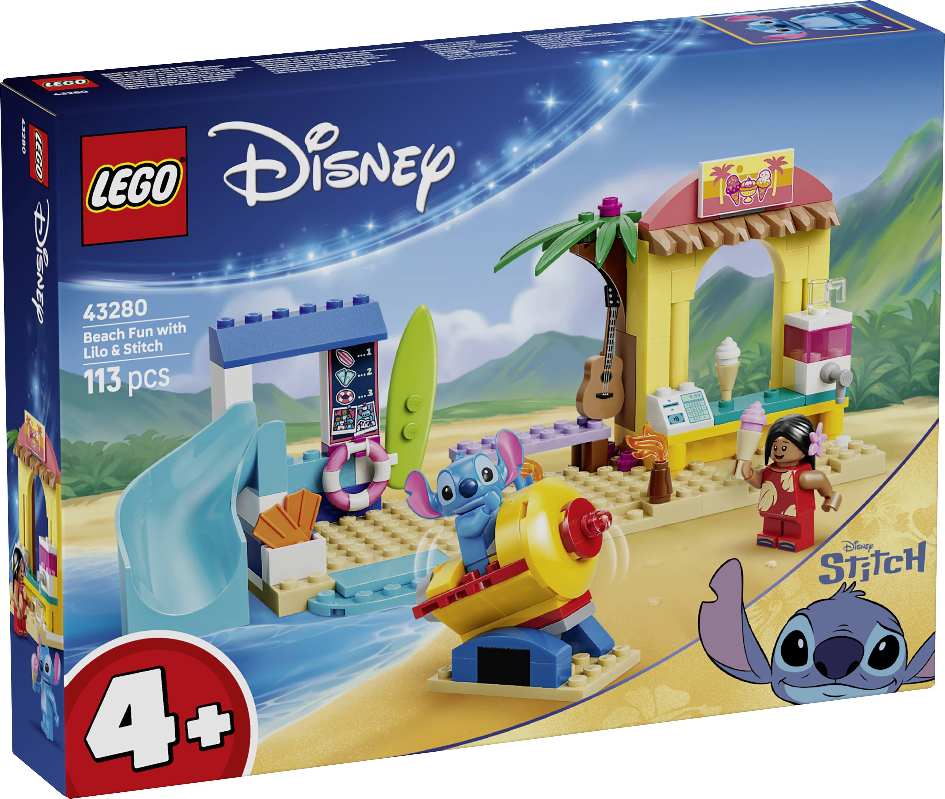 LEGO Disney 'Zábava na pláži s Lilo a Stitchem' sada 113 dílků s krabicí zobrazující Stitche na pláži se surfboardem, Lilo a chýší s palmou.