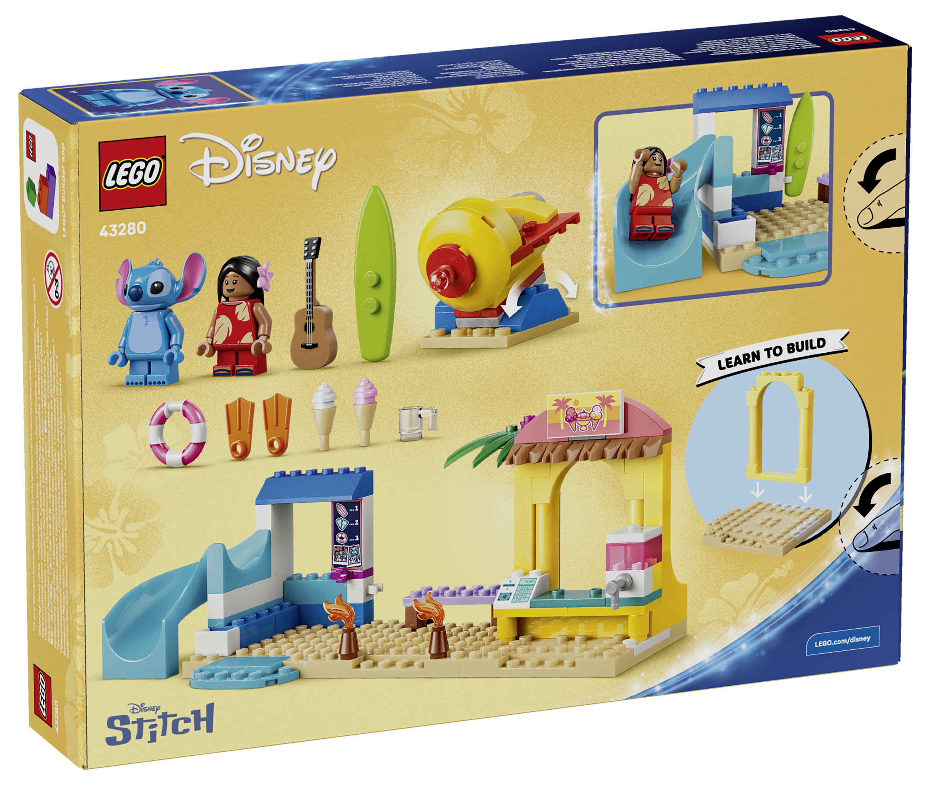 LEGO Disney Stitch stavebnice - krabice zobrazující minifigurky Stitche a Lilo, plážové doplňky a malou tropickou scénu s vloženou částí "Naučit se stavět".