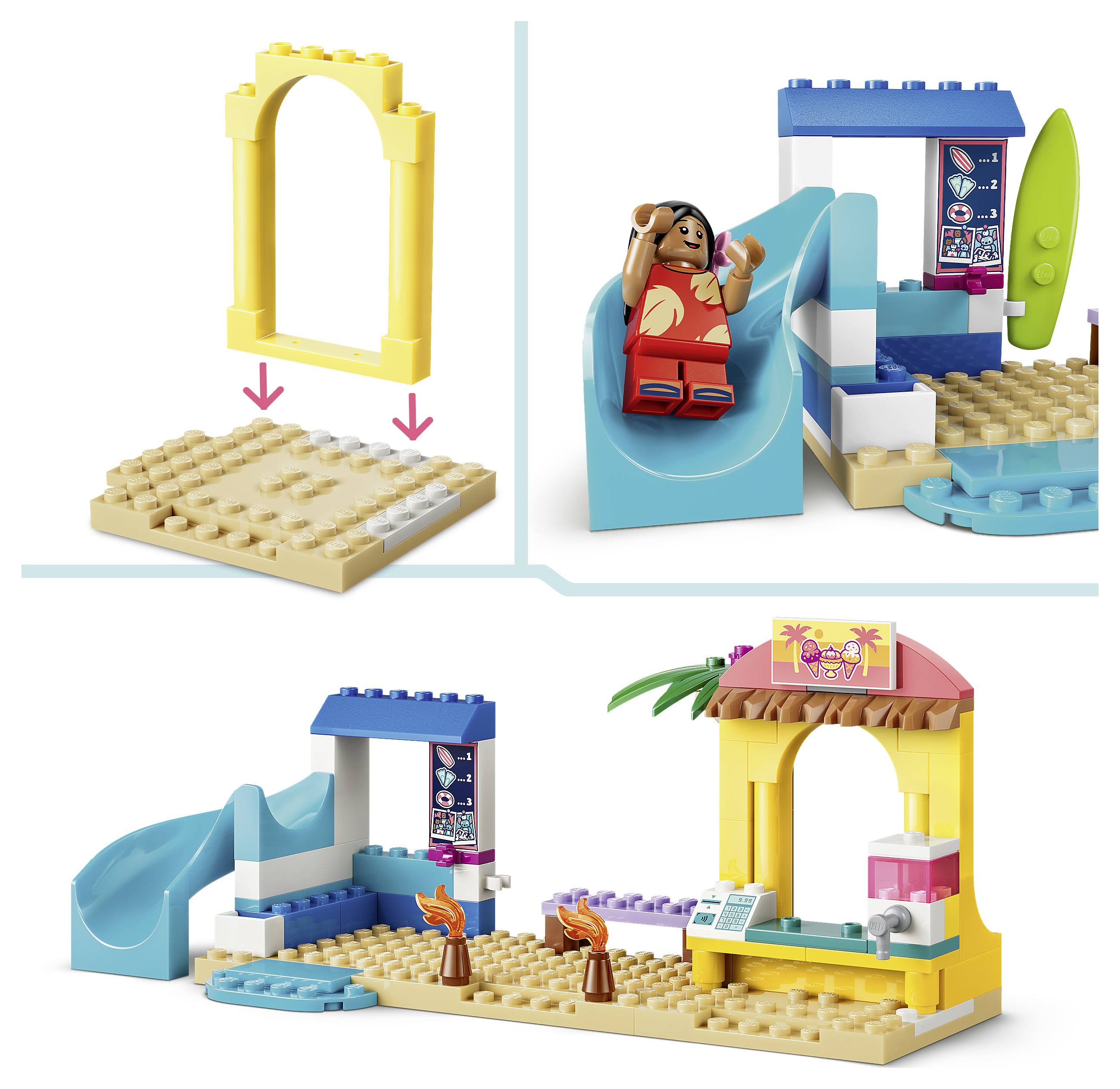 LEGO-stylový zábavní set na plážové téma - diagram montáže zobrazující žlutý oblouk připevněný na béžové základně, poté skluzavku a plážový kiosk s minifigurkou a hotovou scénu přímorského prostředí.