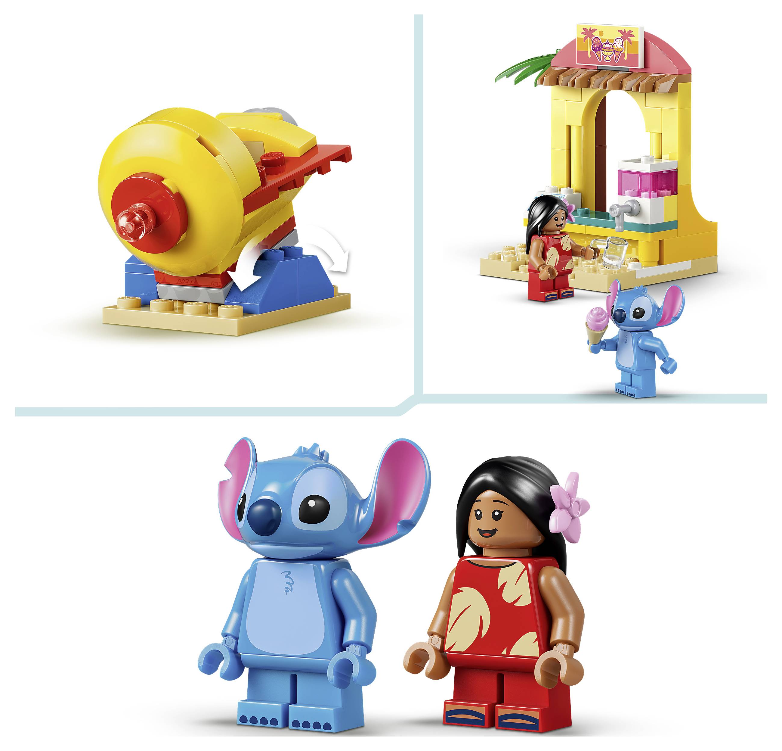 LEGO Disney Stitch set zobrazující velký žlutý šicí stroj, plážový stánek s minifigurkou a Stitche s dívčí minifigurkou.