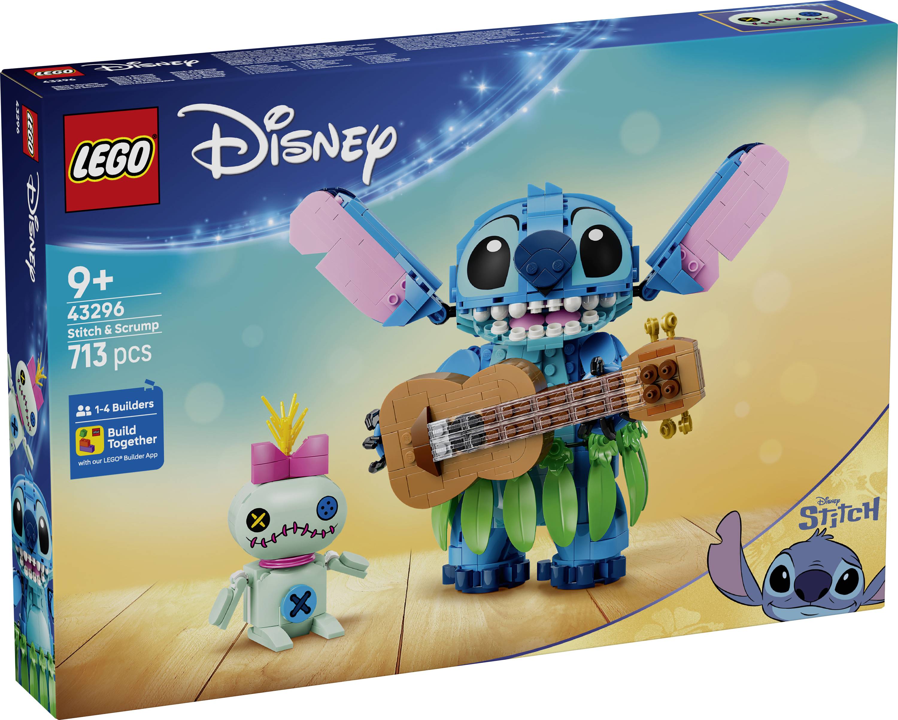 LEGO Disney Stitch sada s krabicí zobrazující Stitche drženého kytaru s malou figurkou Scrumpa; označeno věkem 9+, 43296, 730 dílků.