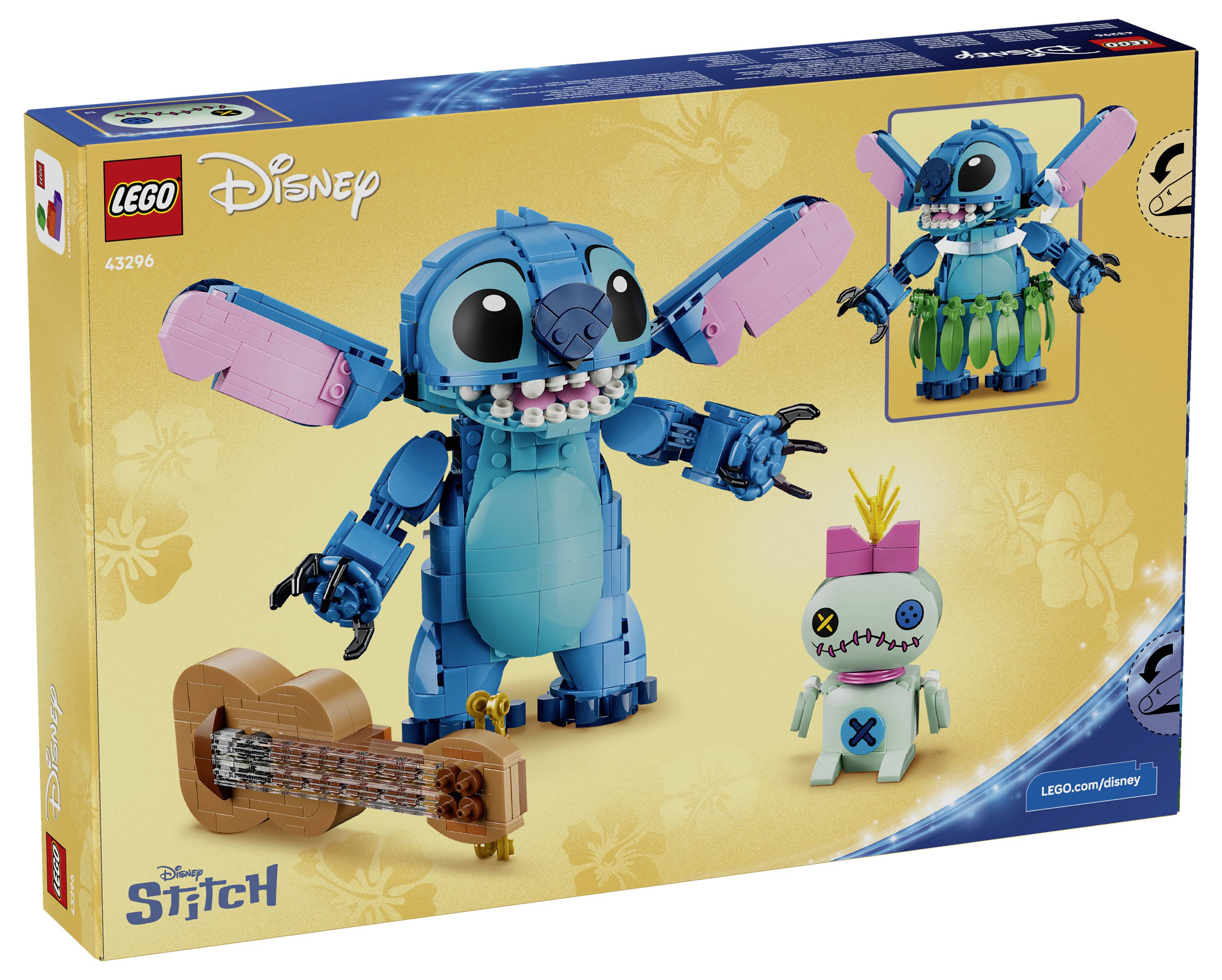 LEGO Disney Stitch stavebnice box zobrazující modrou figuru Stitch s růžovými ušima, plus malý hračkový doplněk a mini ilustraci postavy.