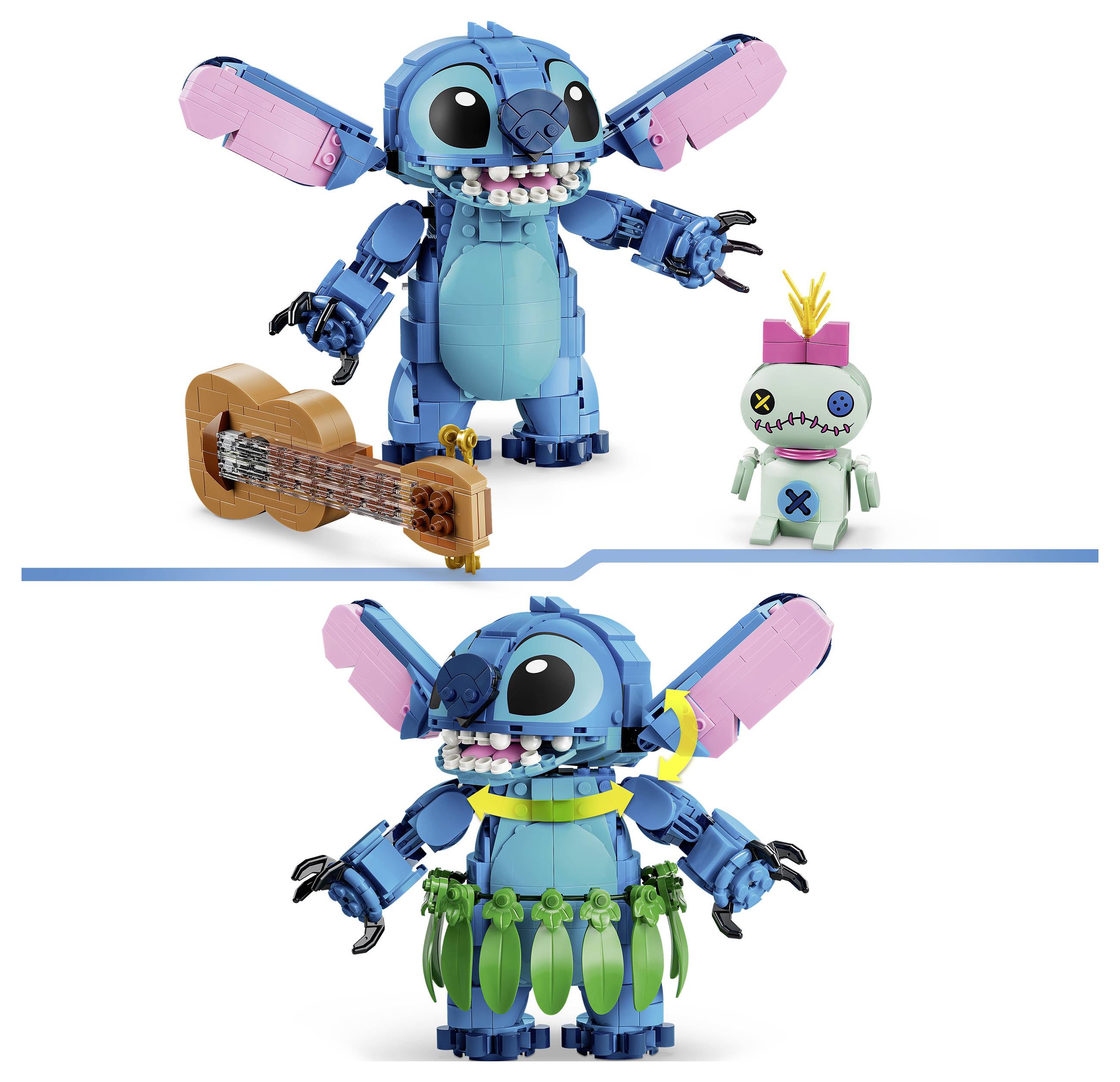 Dva LEGO figurky Stitch s příslušenstvím; nahoře je Stitch s ukulelou a malou Scrump, dole je Stitch v zeleném sukni z listů.