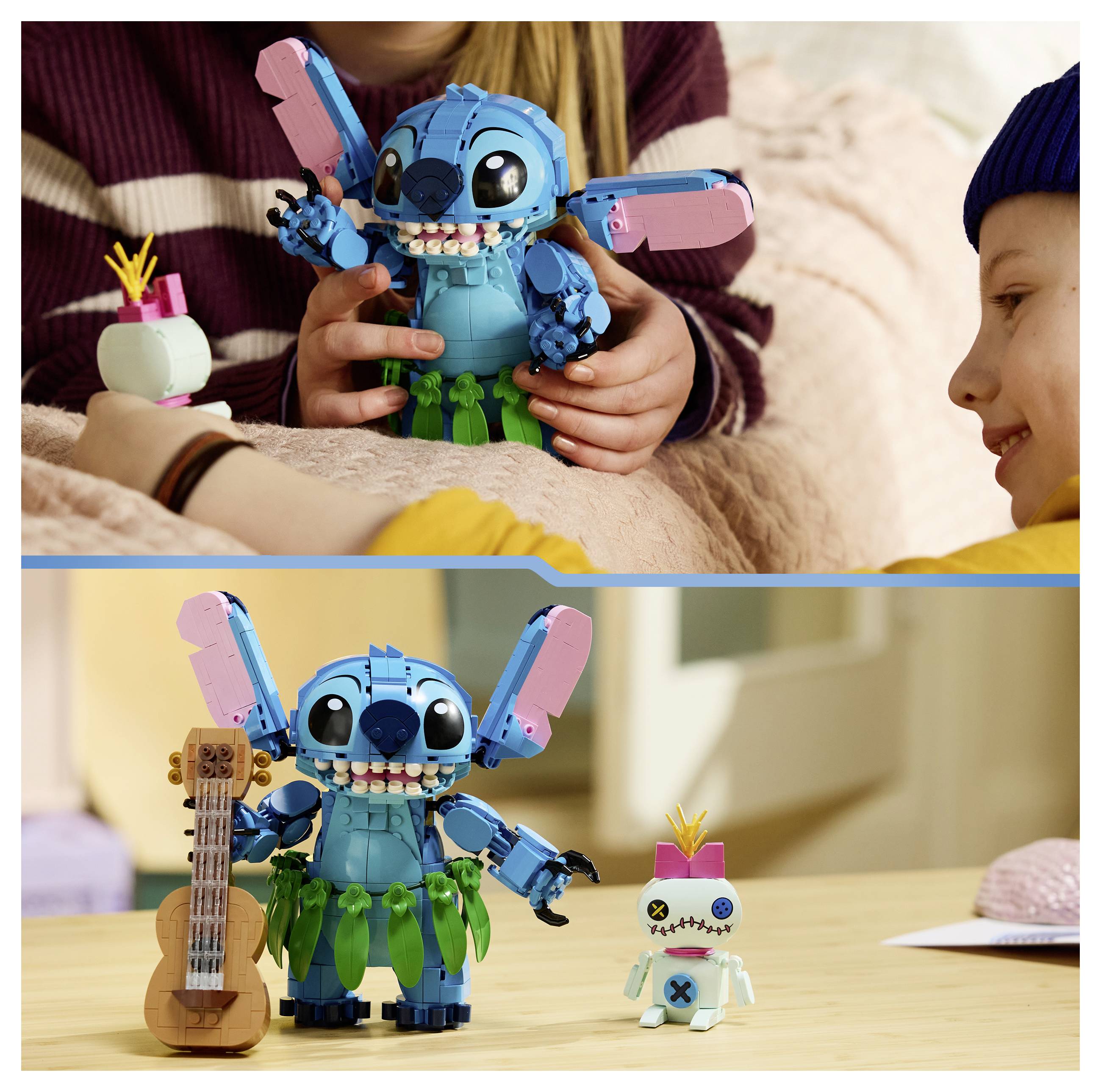 Dvě fotografie modré figurky podobné Stitchovi z LEGO si ji hrají; nahoře ji dítě drží a dole stojí vedle malého robota a hračkové kytary.