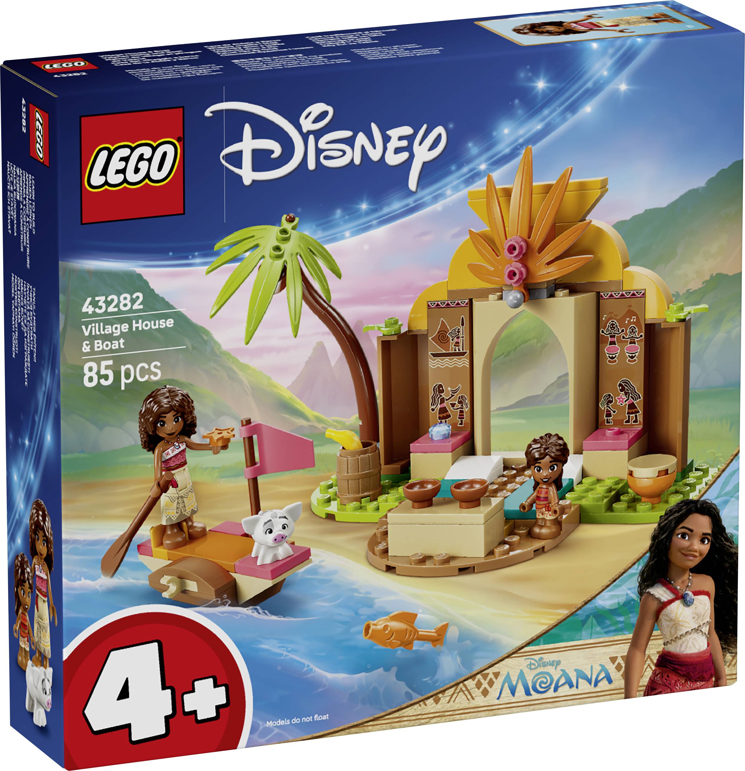 LEGO Disney Moana sada "Vesnice a loď" na krabici, 85 dílků, věk 4+, zobrazující scénu na ostrově s motivem Moany, obsahující minifigurky a loď.