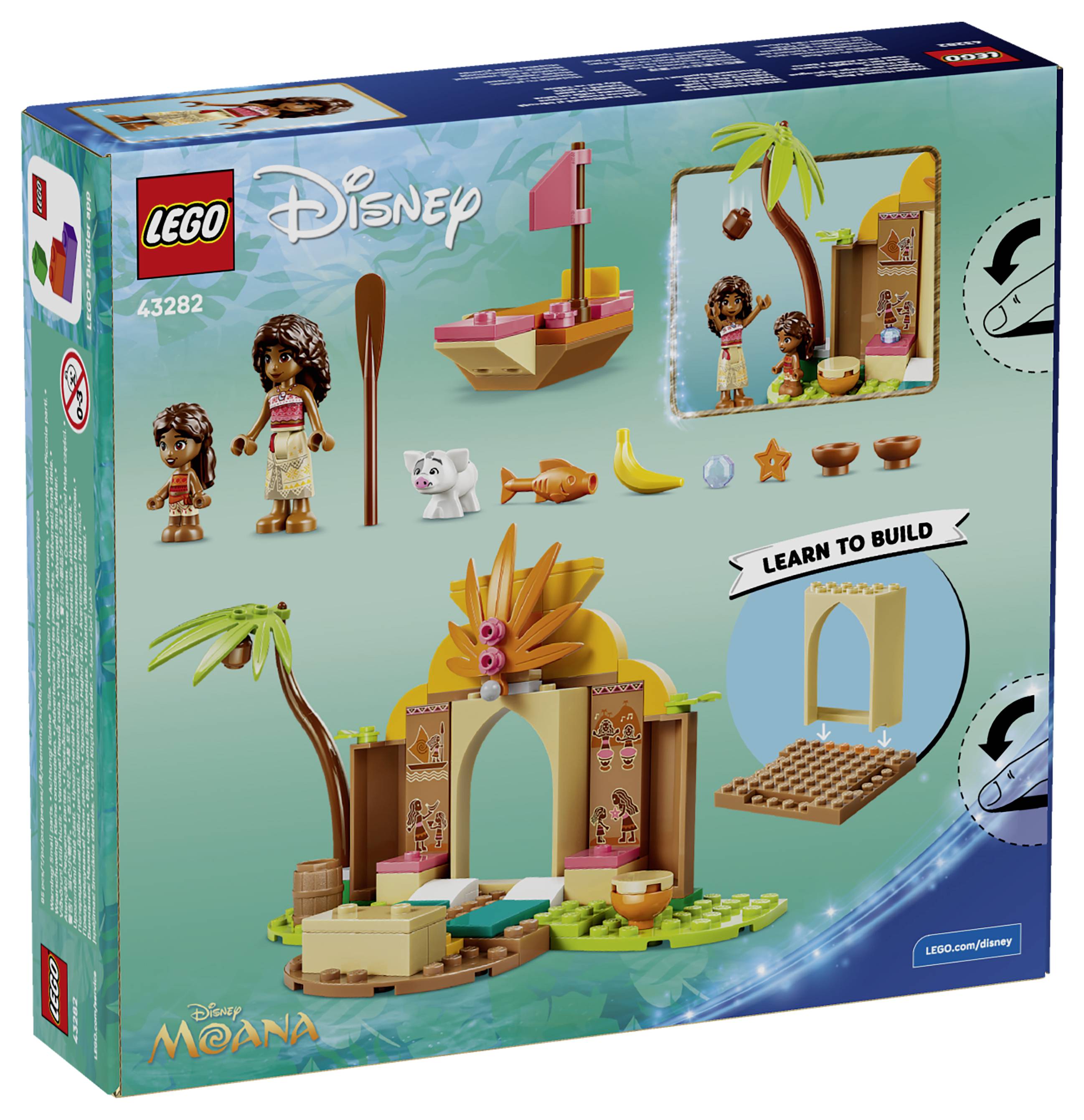 Sada LEGO Disney Moana s krabicí zobrazující Moanu a dítě, malou plachetnici, palmu, kusů zvířat a oblouk scény "Naučit se stavět".
