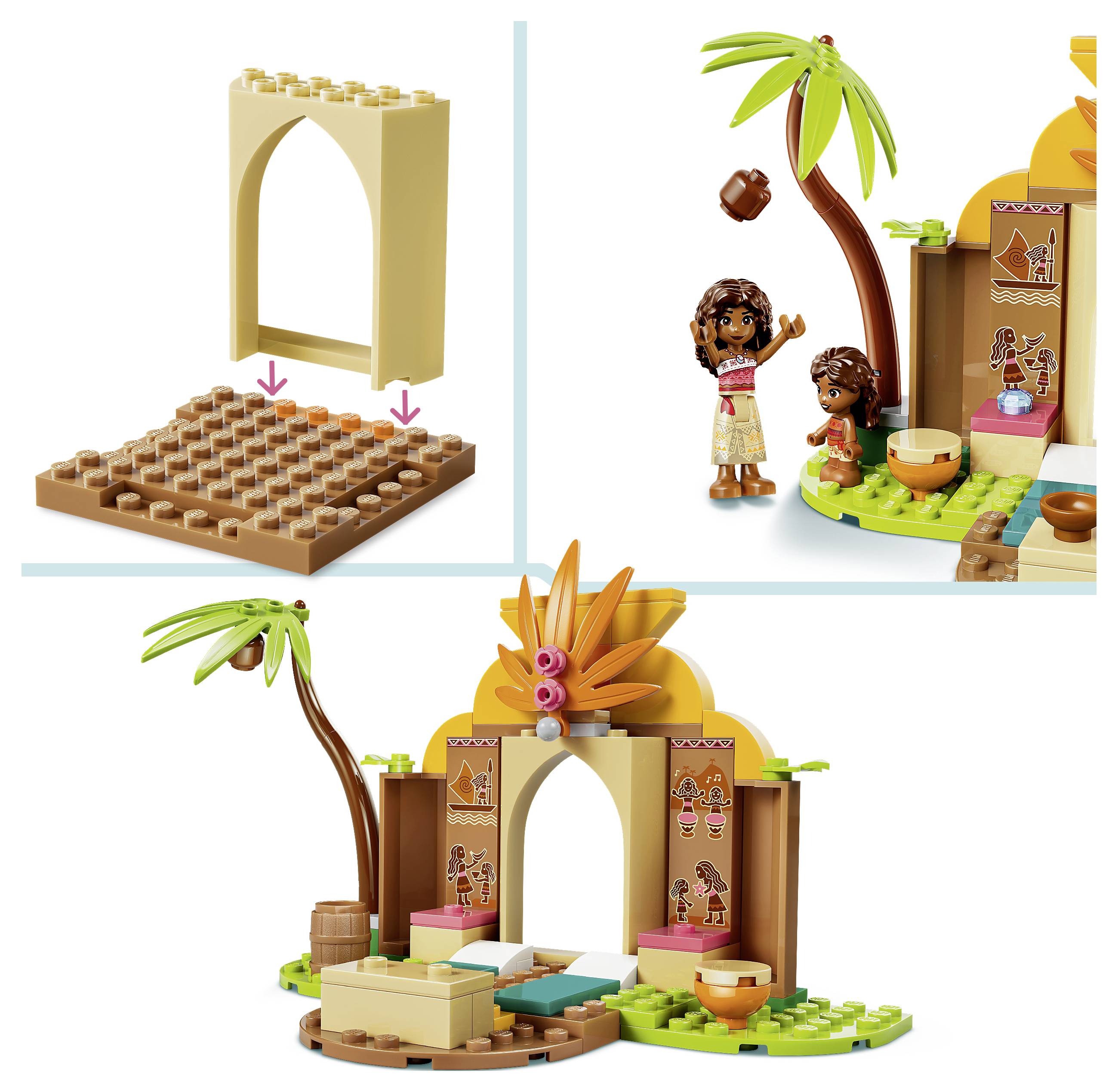 LEGO stavebnice ve stylu modulárního oblouku se základní deskou a tropickou scénou s dvěma minifigurkami, palem a dekoracemi.