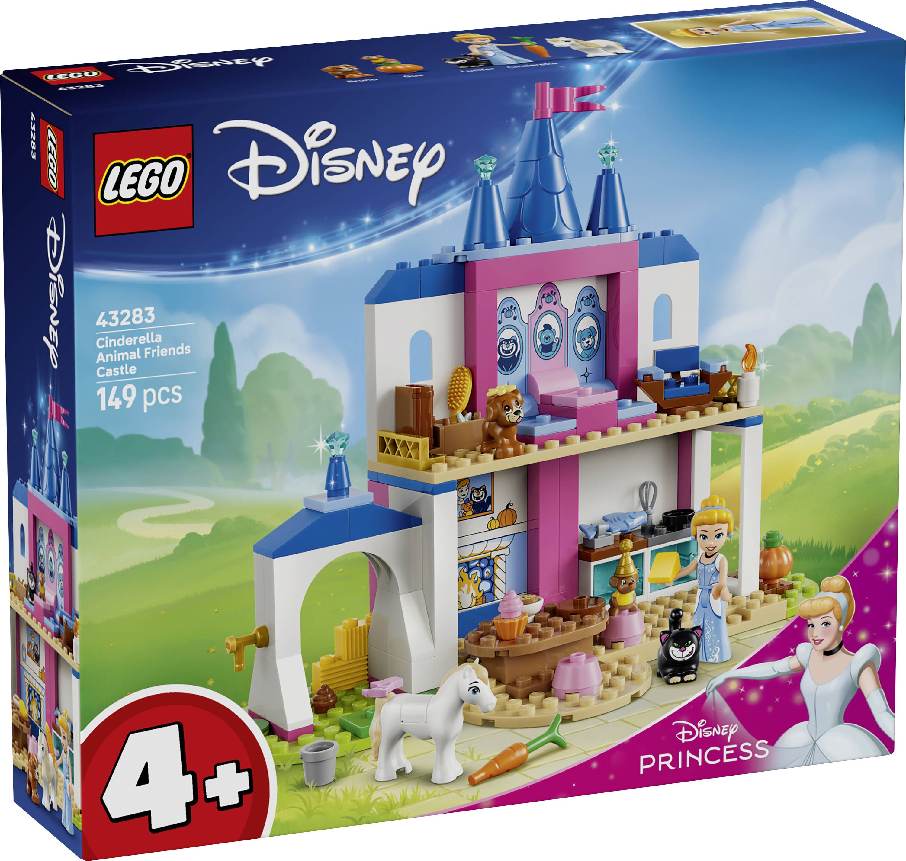 LEGO Disney Princess Popelka Zvířecí přátelé stavebnicová sada v balení, zobrazující růžovo-modrou zámeckou hru se figurkami a zvířaty; 149 dílů, věk 4+.