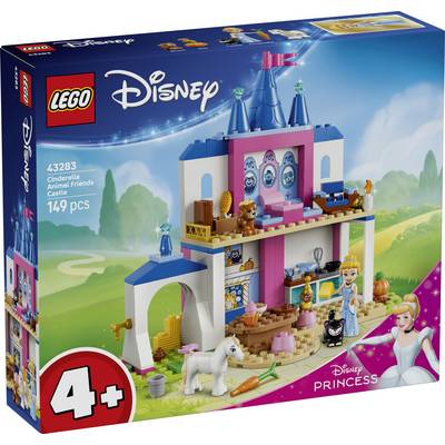 LEGO Disney Princess Popelka Zvířecí přátelé stavebnicová sada v balení, zobrazující růžovo-modrou zámeckou hru se figurkami a zvířaty; 149 dílů, věk 4+.