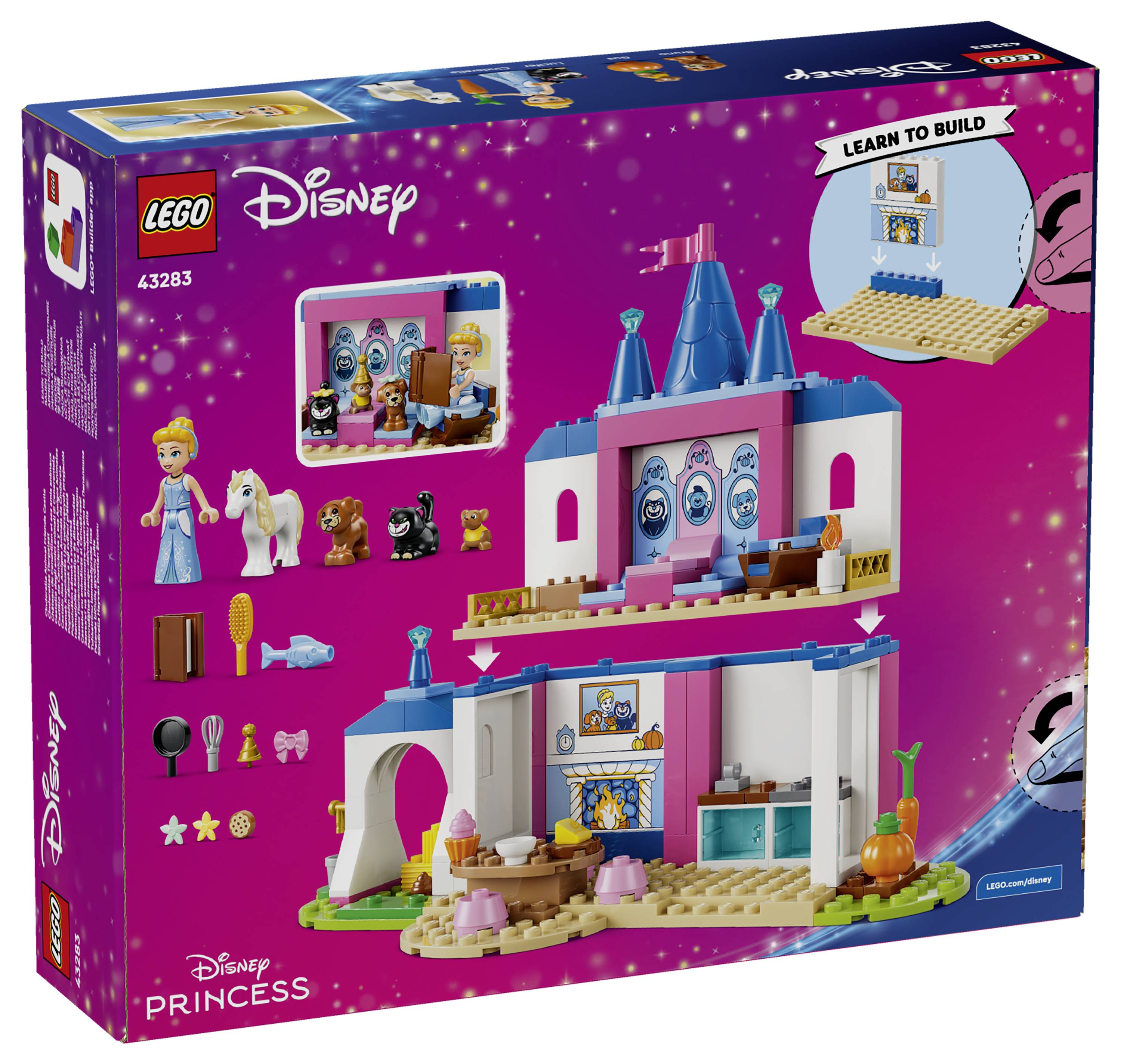LEGO Disney Princess set 43283 obal zobrazující stavitelný hrad/dům s minifigurkami a zvířaty, plus vložka "Nauč se stavět".
