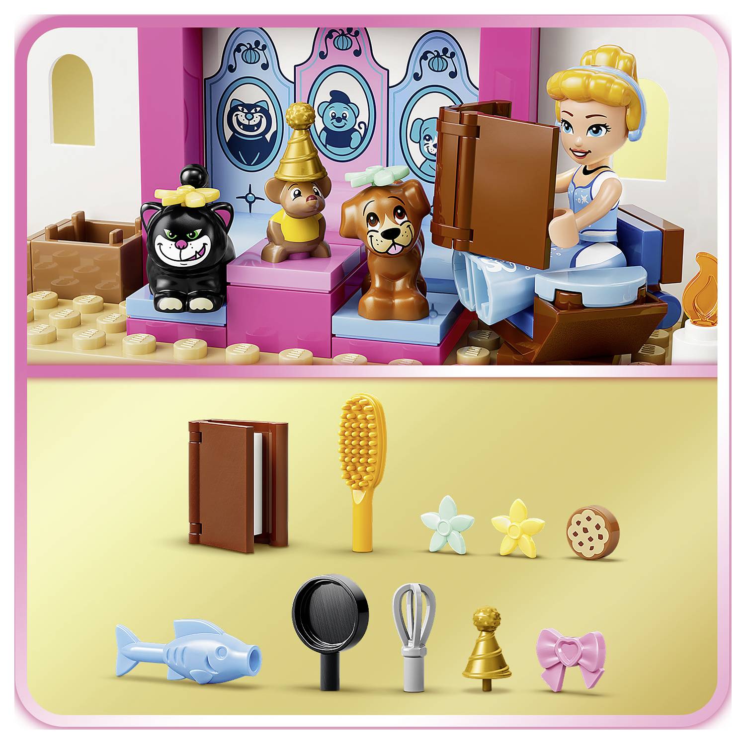 LEGO scéna style s princeznou čtoucí knihu a třemi figurkami zvířat; níže inventář přiložených doplňků: kniha, kartáč, ryba, zrcadlo, metla, zvoneček, květiny, sušenka a mašle.