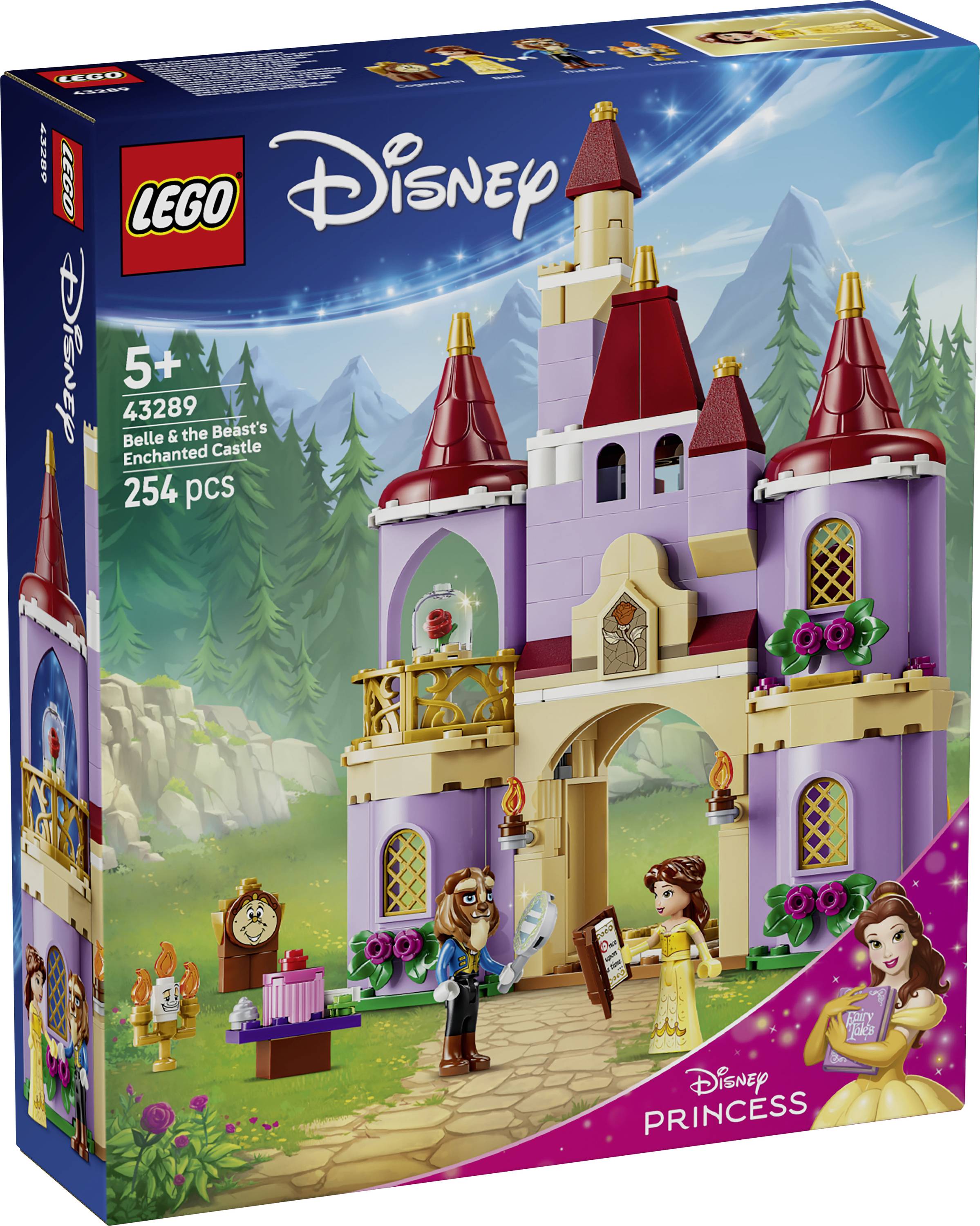 LEGO Disney Princess sada 'Bella a Zámek Bestie' - krabice, věk 5+, 254 dílků, zobrazující postavenou zámek s Bellou, Bestií a značením pro princezny.