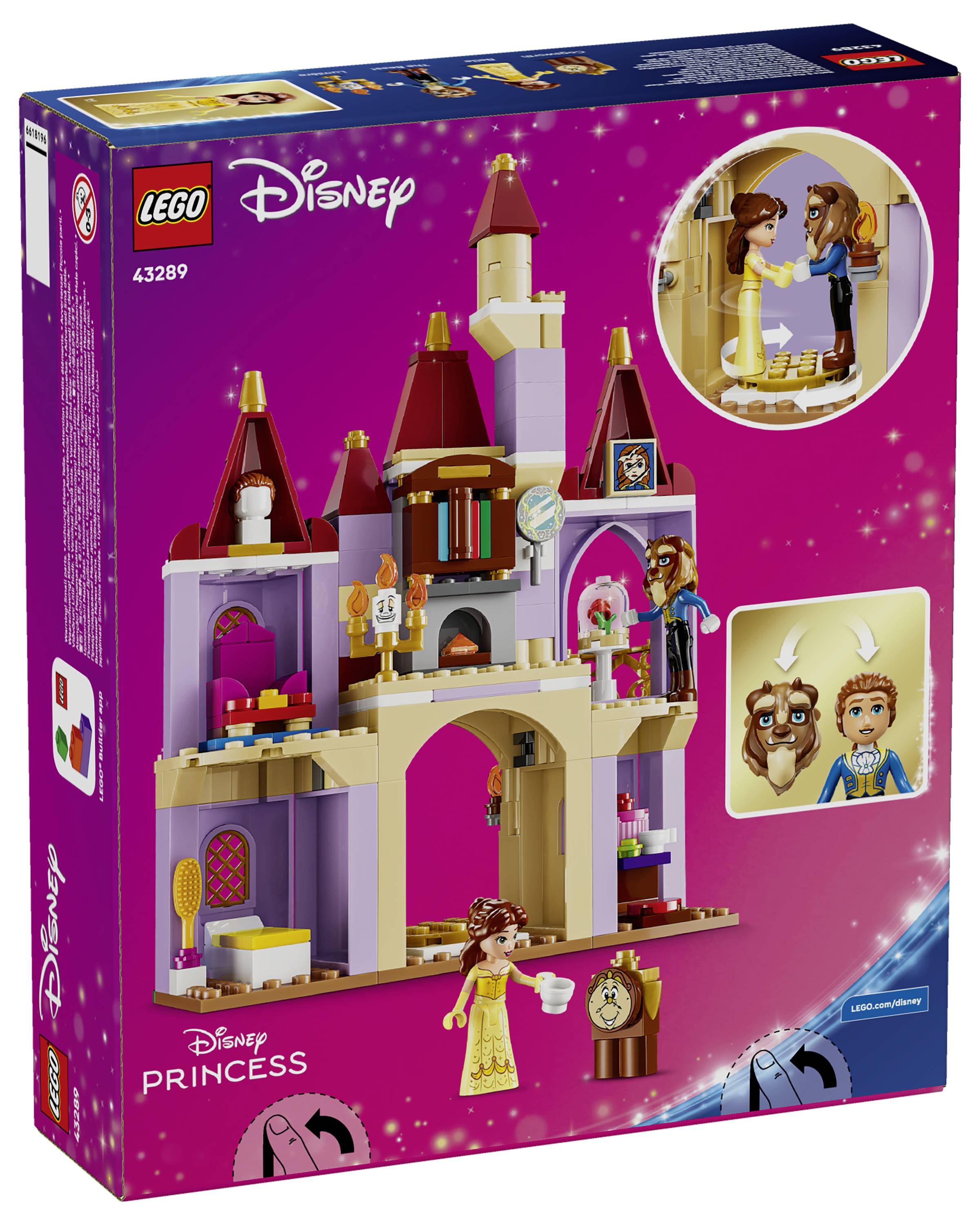 Sada stavebnice LEGO Disney Princess hrad s figurkami Krásky a Bestie, se scénami hradu a panelem na výměnu obličeje.