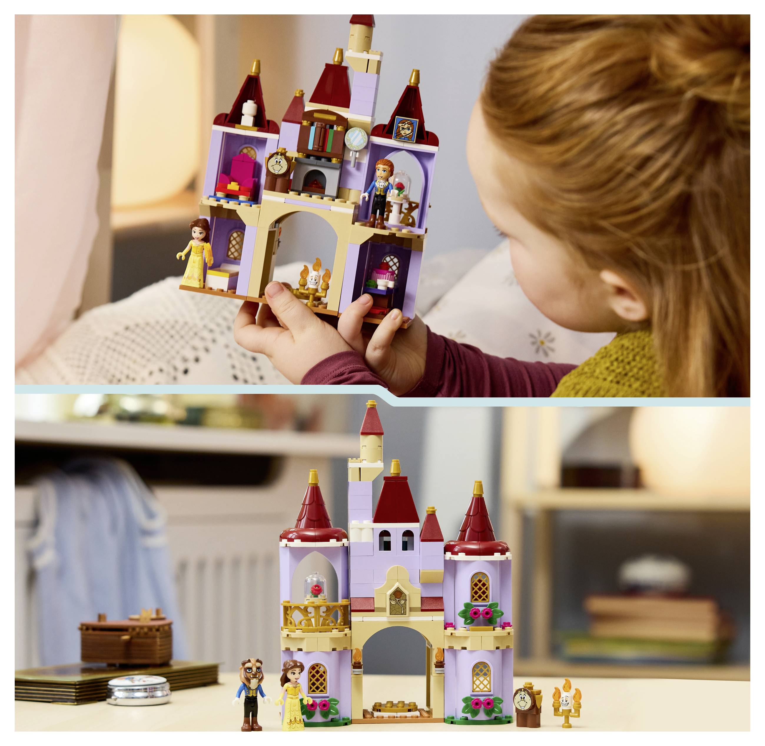 Dítě drží a zkoumá stavebnici hradu ve stylu LEGO s figurkami; pod tím je sestaveného hradu vystaveno na stole v domácím prostředí.
