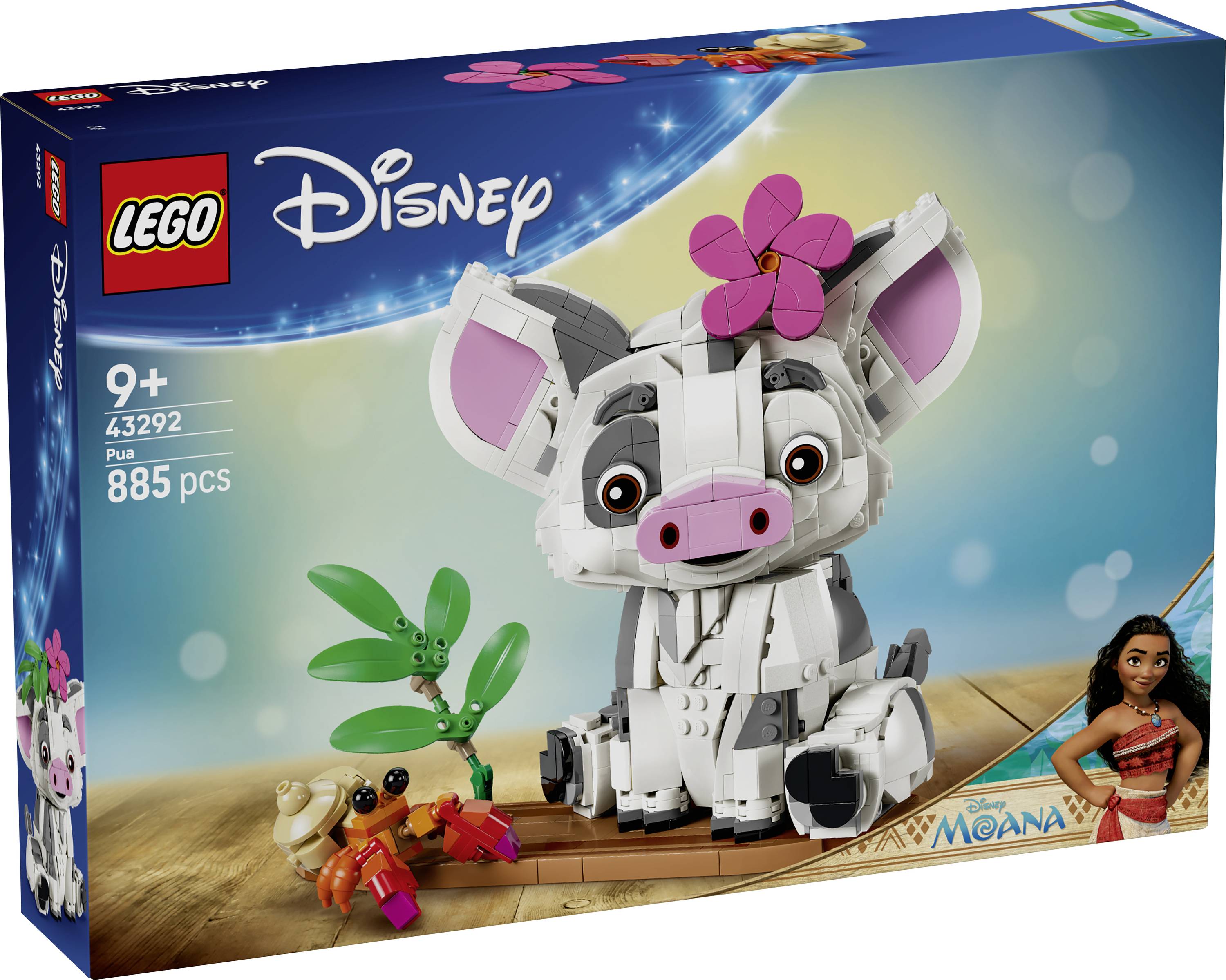 LEGO Disney Moana souprava v krabici zobrazující bílou figurku prasete s růžovýma ušima a květinou, označená 43292, věk 9+, 885 dílků.