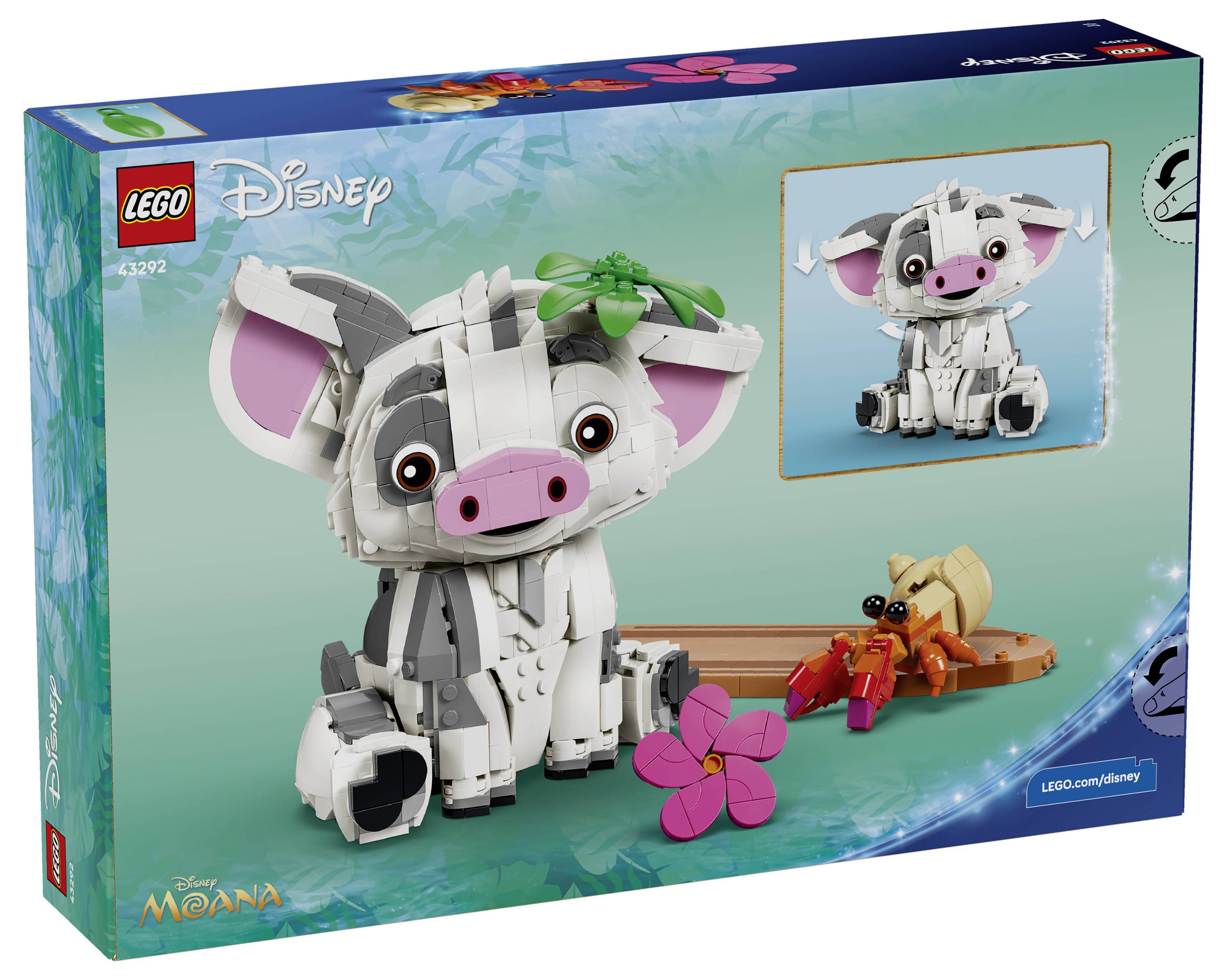 Krabice LEGO Disney Moana zobrazující stavitelnou postavu bílého prasete s růžovýma ušima a čumákem, plus malý vložený obrázek hotového modelu.