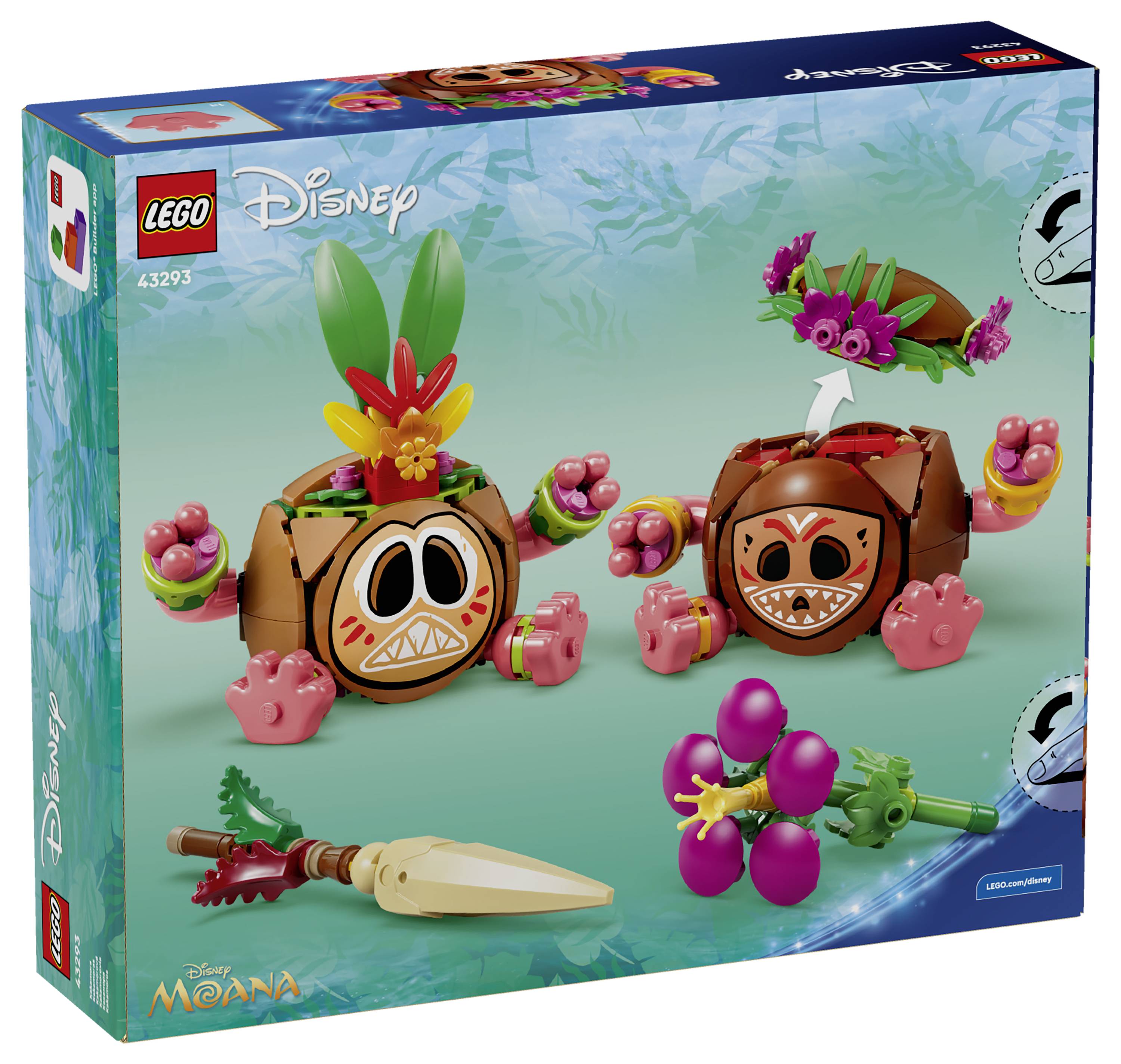 LEGO Disney Moana sada s krabicí zobrazující dva stavitelné kokosové postavy s květinami a tropickými doplňky.