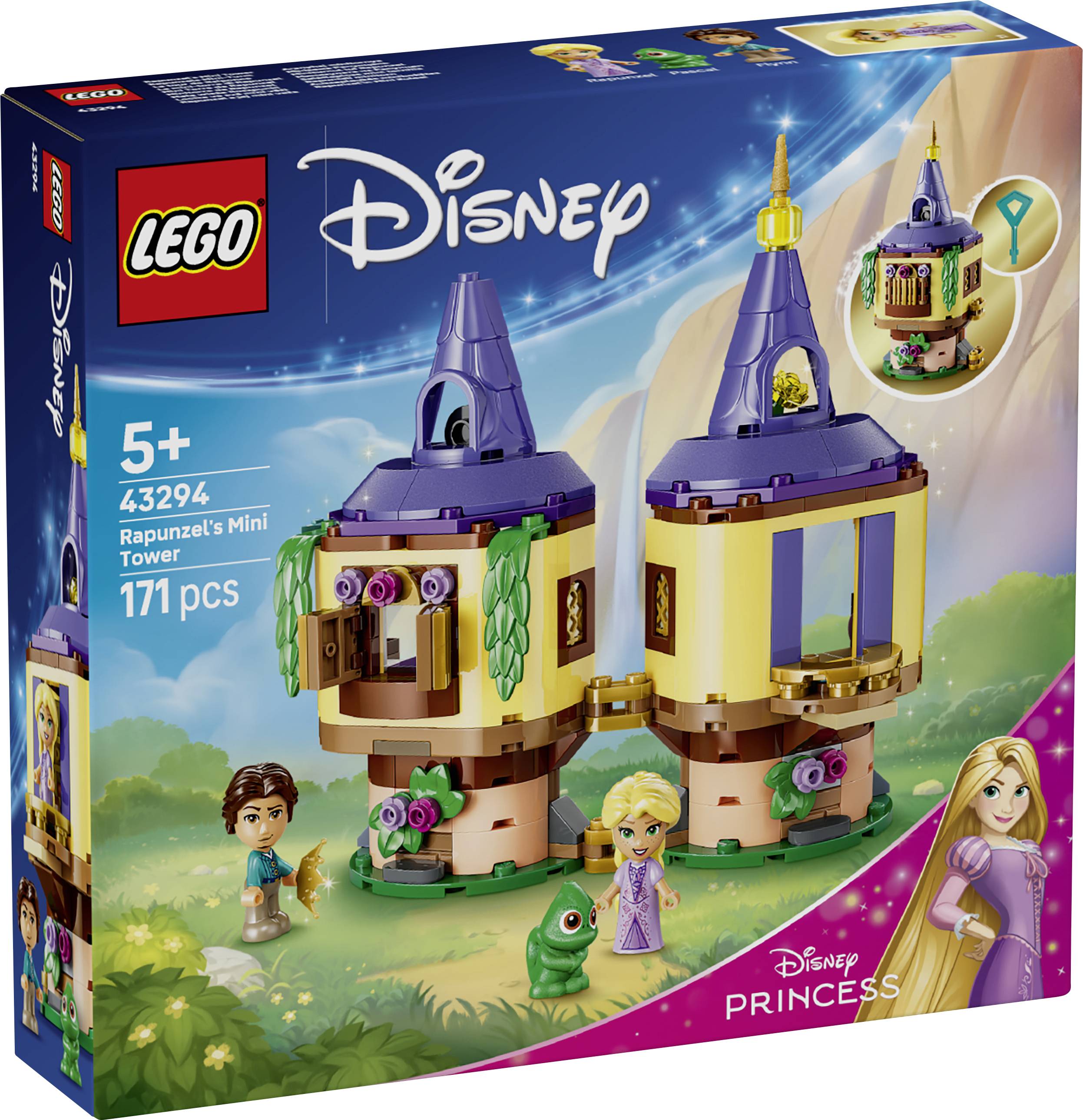 LEGO Disney Princess Rapunzelova mini věž stavebnice, 171 dílků, věk 5+, s Rapunzelou a postavami z Disney na krabici.
