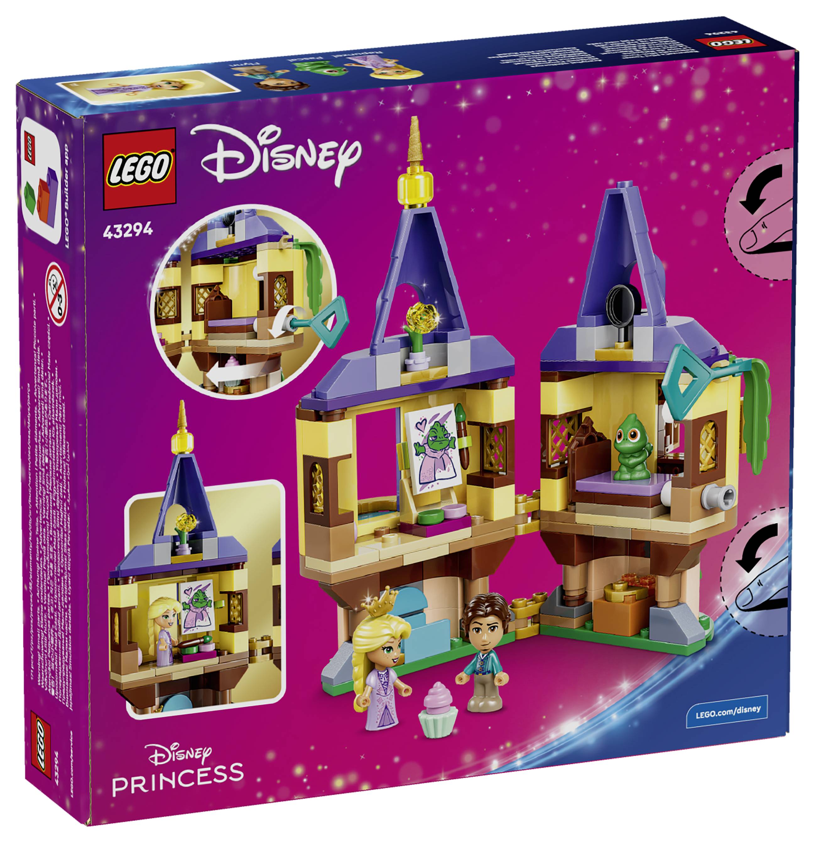 Krabice sady LEGO Disney Princess zobrazující dvě malé věž hradu s figurkami Lociky, Flynna Rdera a Pascala na růžovém pozadí.