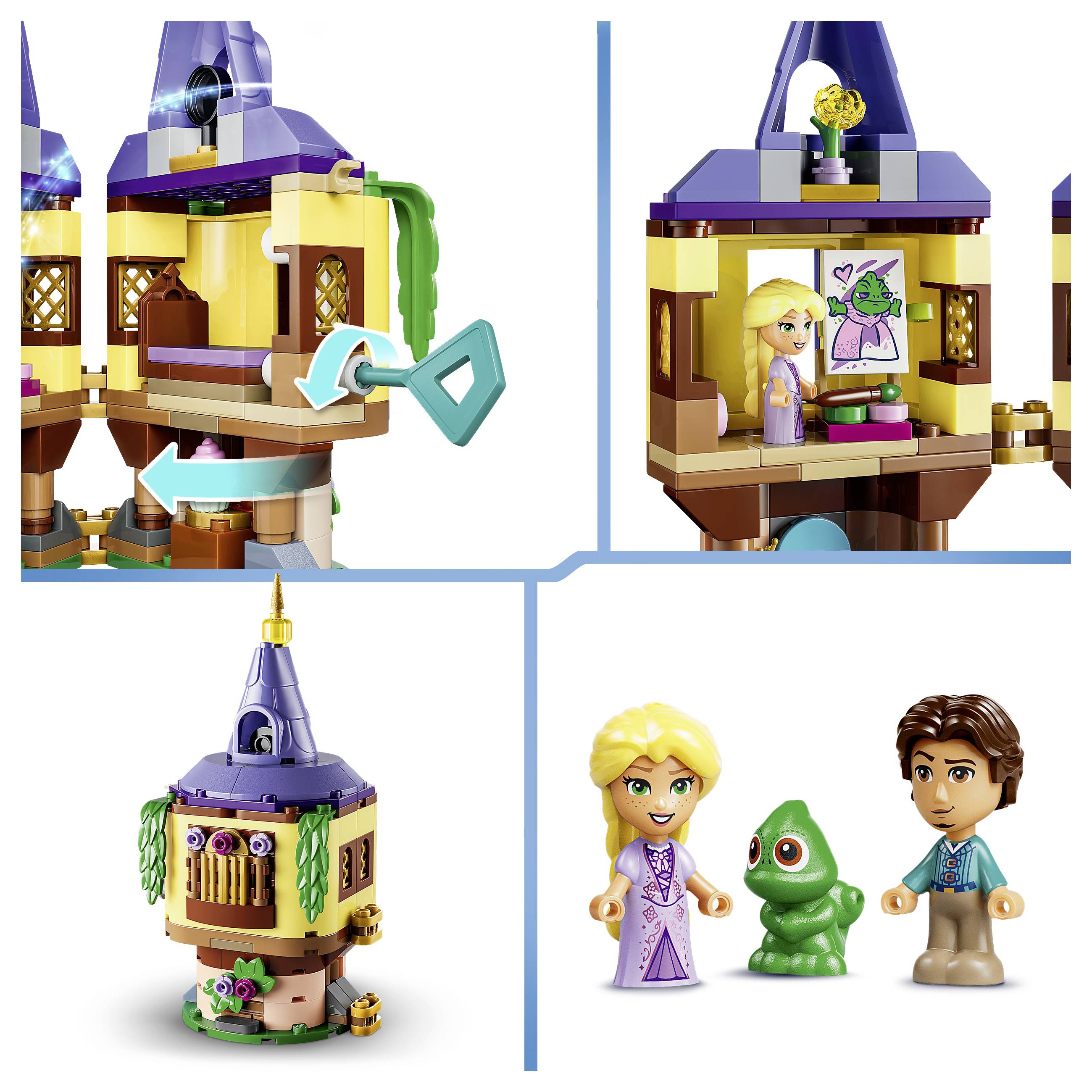 LEGO sada zobrazující věžovitý domek na stromě s vnitřním pokojem na zámkovém závěsu, světlovlasou minifigurkou, obrázkem zeleného tvora a dvěma minifigurkami plus malou zelenou figurkou podobnou žábě.